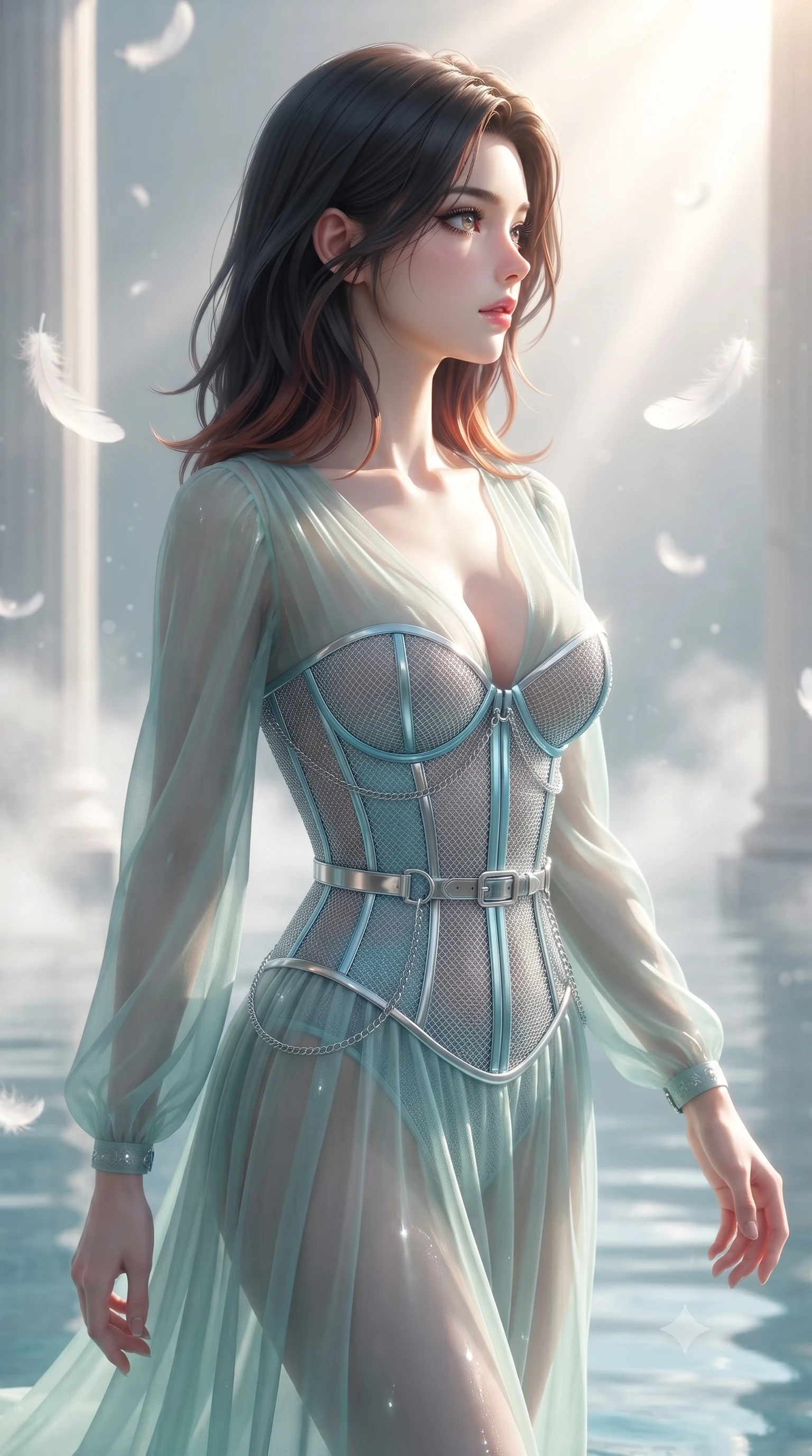 score_9, masterpiece, best quality, ultra-detailed, high-budget anime keyframe, editorial fashion photography, tasteful artistic composition, Korean woman. close-up cowboy shot from the waist and thighs up, the character dominates the composition, filling the frame with her large presence, background elements kept in soft focus. Turning her face in sharp dramatic profile against the radiant light, navigating a serene water sanctuary as white swan feathers hover in zero-gravity, pure alabaster columns framed by gentle water mist in soft focus. She has an exceptionally elegant, slender, and willowy female figure with an ultra-slim waist, a gracefully sculpted slender torso, and a refined silhouette. sharp v-shaped jawline, high-bridge nose, intricate jewel-like eyes with depth, thick eyelashes, glossy lips with a natural sheen. wearing semi-opaque sheer seafoam chiffon gown revealing structured corset silhouette in sky blue turquoise, made of fine silver contouring mesh, framed by polished silver buckles and delicate chain details, contouring every curve with an exceptionally elegant silhouette. lit by clear sun-drenched light casting gentle morning shadows. ultra-reflective glossy finish, specular highlights, metallic sheen, high-contrast stereoscopic depth, volumetric dynamic lighting, 2k, ultra detail, master piece, 9:16 ratio