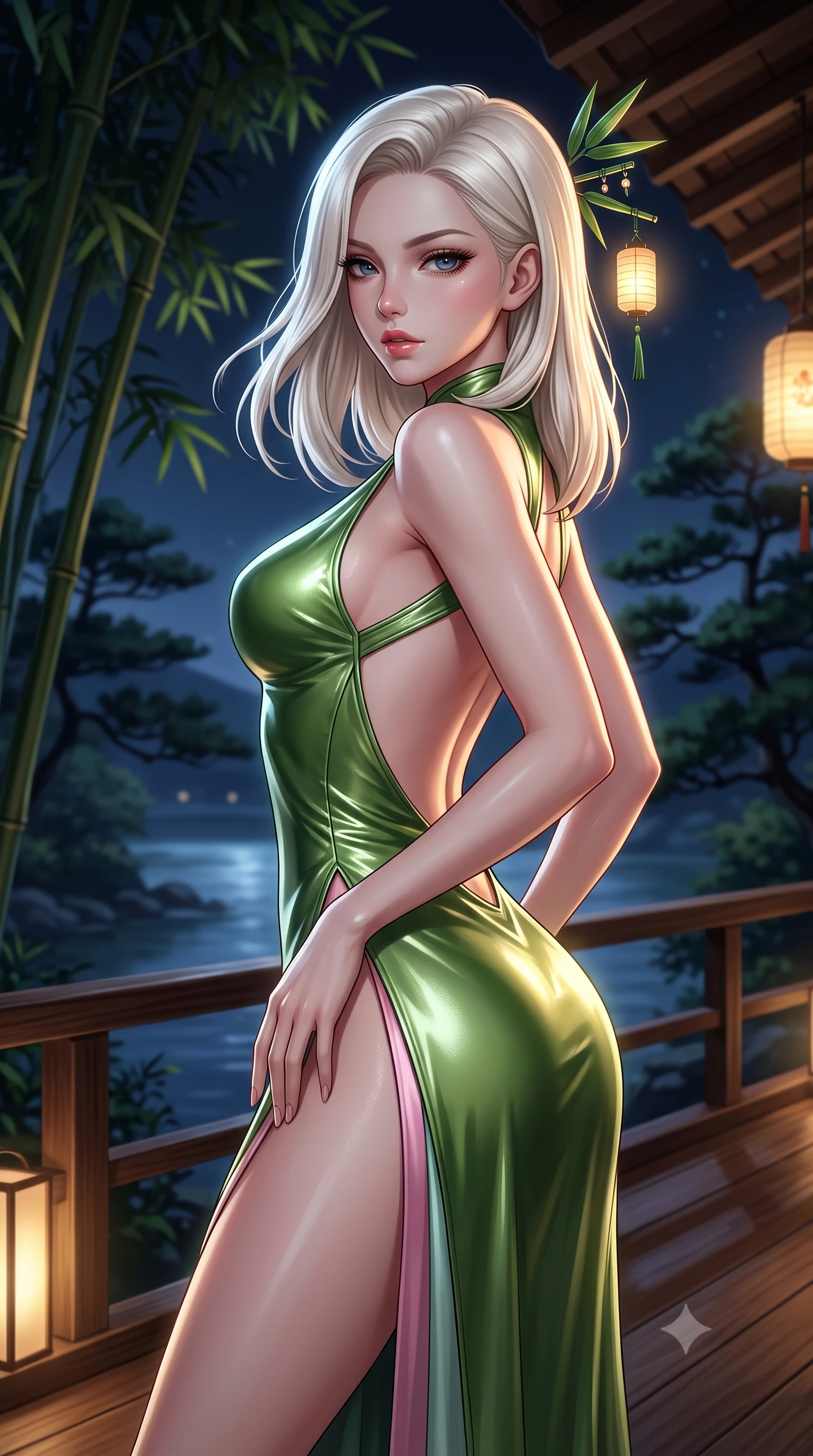 score_9, masterpiece, best quality, ultra-detailed, high-budget anime keyframe, semi-realistic 3D game render, editorial fashion photography, tasteful artistic composition, Caucasian woman. close-up cowboy shot from the waist and thighs up, the character dominates the composition, filling the frame with her large presence. arching her spine backward with effortless dancer poise, one hand sliding along her hip line as directional light carves specular highlights along her silhouette while standing poised on the wooden bridge terrace, twisting her upper body in an alluring S-curve as night wind rustles through the bamboo canopy. The composition keeps background elements in soft focus with creamy bokeh. distant Katsura river waters and dark pine silhouettes softened in dreamy nocturnal shallow focus. She has an exceptionally elegant, slender, and willowy female figure with an ultra-slim waist, a gracefully sculpted slender torso, toned flat midriff, and rounded feminine hips creating an alluring hourglass silhouette. sharp v-shaped jawline, high-bridge nose, intricate jewel-like eyes with depth, thick eyelashes, glossy parted lips with a natural sheen, intensely captivating and seductive bedroom-eyes expression, flawlessly proportioned anatomical accuracy, strict slender model proportions, natural body alignment, perfectly sculpted long slender limbs, ultra-slim waistline, clean dynamic posture without body distortion. wearing a liquid metallic bamboo-green gown with open side slits ascending to the high hip in lotus petal pink and jade mist, crafted from supple second-skin lambskin leather with specular wet sheen, complemented by delicate bamboo leaf hairpins and glowing paper lantern charms, the dramatically scooped open back descending to the base of her spine, accentuating her razor-sharp statuesque lines and curvy hourglass silhouette. surrounded by a tranquil, poetic, and deeply sensual Japanese ryokan muse aura. highly saturated vibrant anime colors, detailed shading with soft gradients, rich glossy textures, high-contrast stereoscopic depth, volumetric dynamic lighting, master piece, 9:16 ratio