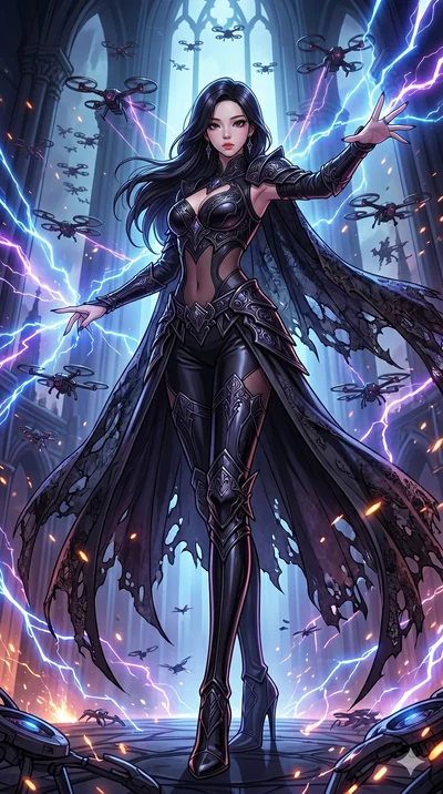 score_9, masterpiece, best quality, ultra-detailed, high-budget anime movie keyframe, cinematic anime lighting, intricate line art, Korean woman. Dynamic full-body shot stretching the vertical silhouette across the 9:16 frame. commanding a drone swar