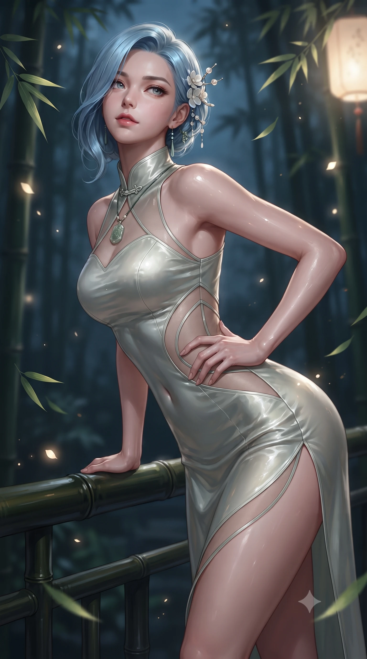 score_9, masterpiece, best quality, ultra-detailed, high-budget anime keyframe, editorial fashion photography, tasteful artistic composition, Korean woman. close-up cowboy shot from the waist and thighs up, the character dominates the composition, filling the frame with her large presence. tilting her chin up with proud, sovereign allure while gazing through thick eyelashes, one hand resting on her waist in pure supermodel charisma while leaning forward over the dark bamboo veranda railing with lower back arched, looking over her bare shoulder into the moonlit bamboo grove. The composition keeps background elements in soft focus with creamy bokeh. drifting bamboo leaves and glowing lantern light rays scattering soft luminous light motes. She has an exceptionally elegant, slender, and willowy female figure with an ultra-slim waist, a gracefully sculpted slender torso, toned flat midriff, and rounded feminine hips creating an alluring hourglass silhouette. sharp v-shaped jawline, high-bridge nose, intricate jewel-like eyes with depth, thick eyelashes, glossy parted lips with a natural sheen, intensely captivating and seductive bedroom-eyes expression, flawlessly proportioned anatomical accuracy, strict slender model proportions, natural body alignment, perfectly sculpted long slender limbs, ultra-slim waistline, clean dynamic posture without body distortion. wearing a wet-look silk fusion wrap dress with asymmetrical sheer mesh cutouts and high Mandarin collar in moonlit silver and pale bamboo green, made of sheer contouring power-mesh panels with anatomical curve lines, accented with mother-of-pearl hair ornaments and a carved jade pendant, the second-skin form-contouring cut accentuating her sculpted flat midriff, narrow waistline, and dramatically curvy hips without adding bulk. illuminated by wet specular highlights accentuating her slender neckline, sculpted waist, and rounded hips. ultra-reflective glossy finish, specular highlights, rich textural contrasts, high-contrast stereoscopic depth, volumetric dynamic lighting, 2k, ultra detail, master piece, 9:16 ratio