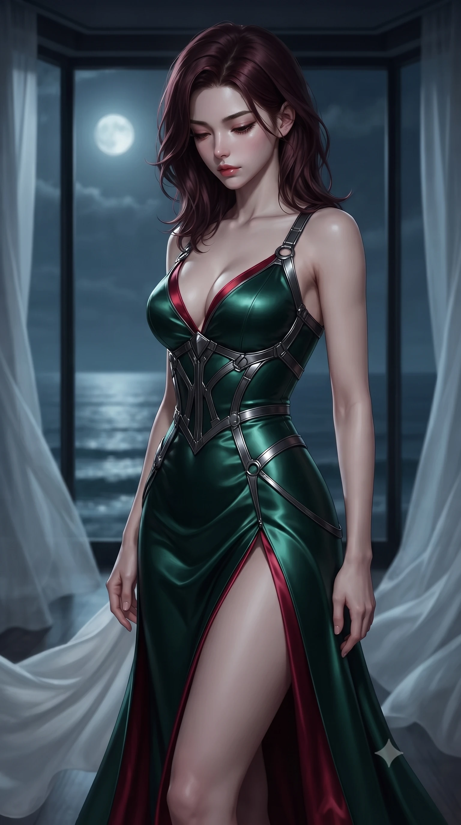score_9, masterpiece, best quality, ultra-detailed, high-budget anime keyframe, editorial fashion photography, tasteful artistic composition, Korean woman. close-up cowboy shot from the waist and thighs up, the character dominates the composition, filling the frame with her large presence, background elements kept in soft focus. Looking down with lowered lashes and a composed, powerful dark aura, poised before a floor-to-ceiling glass bay looking out over calm moonlit ocean waves, gentle ocean movement swaying white silk curtains around her long legs. She has an exceptionally elegant, slender, and willowy female figure with an ultra-slim waist, a gracefully sculpted slender torso, and a refined silhouette. sharp v-shaped jawline, high-bridge nose, intricate jewel-like eyes with depth, thick eyelashes, glossy lips with a natural sheen. wearing low-cut gothic structured bodice gown with high leg slit in deep emerald green, made of soft crimson satin, highlighted by a gunmetal metallic harness structure, accentuating her gracefully sculpted slender torso. lit by quiet moonlight key rays piercing through dark ocean air. ultra-reflective glossy finish, specular highlights, metallic sheen, high-contrast stereoscopic depth, volumetric dynamic lighting, 2k, ultra detail, master piece, 9:16 ratio