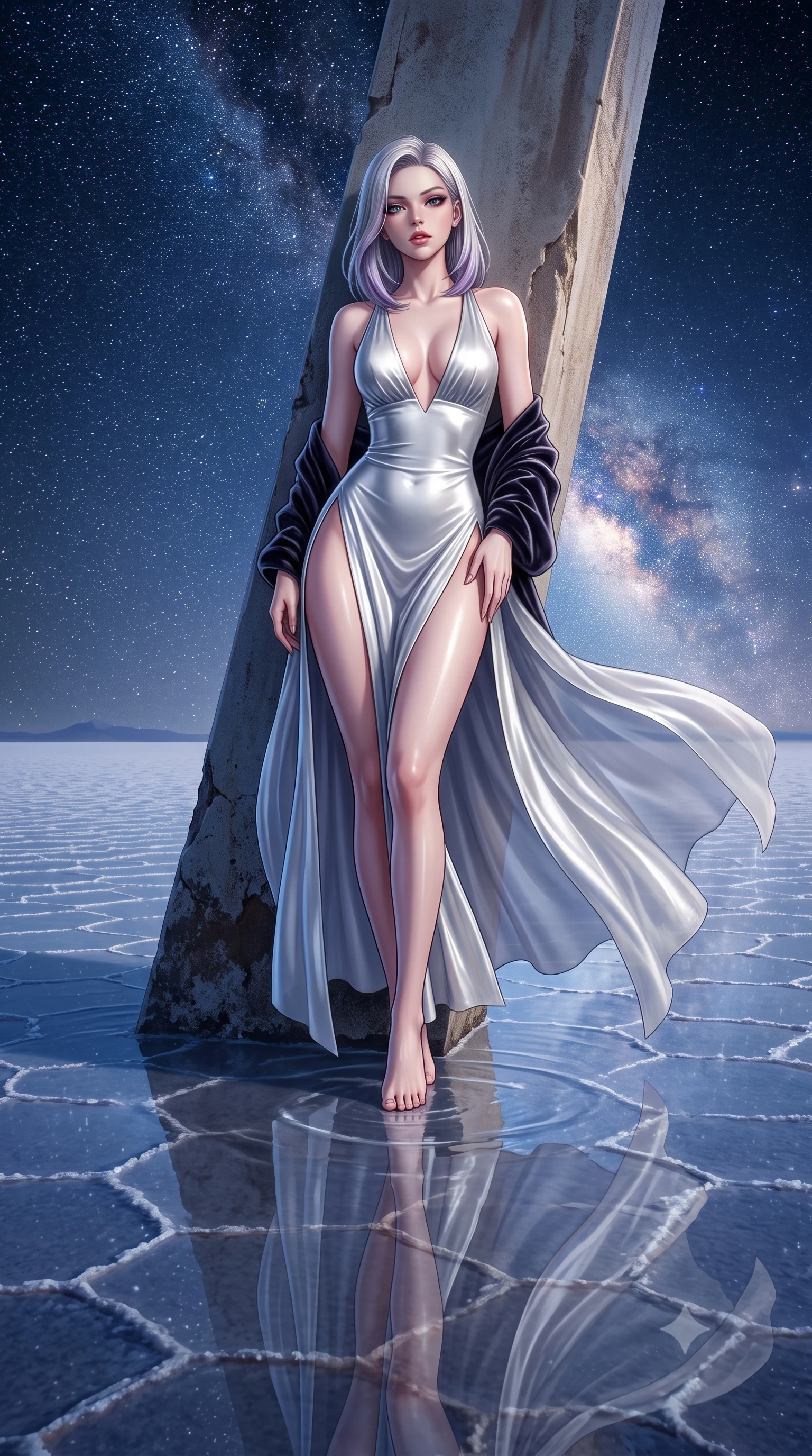 score_9, masterpiece, best quality, ultra-detailed, high-budget anime keyframe, semi-realistic 3D game render, editorial fashion photography, tasteful artistic composition, Caucasian woman. low angle full-body shot from head to toe showing her feet, filling the entire 9:16 vertical frame with her statuesque presence, stretching her vertical silhouette. leaning deep against the structural architecture with hips cocked in an unapologetically bold, seductive high-fashion stance while turning in an alluring dancer S-curve as her gossamer dress catches the high-altitude Andean wind, creating an intoxicating silhouette between two skies. The surrounding environment is rendered in vivid detail and crisp panoramic clarity. sharp water surface mirror reflections, hexagonal salt crust polygons beneath water, and starlight points in deep focus. She has an exceptionally tall and slender model-like 8.5-heads proportion, an ultra-slim waist, a flat toned midriff, narrow delicate ribcage, and beautifully sculpted feminine hips creating a graceful, slim hourglass silhouette without any bulky heaviness, with impossibly long slender legs. sharp v-shaped jawline, high-bridge nose, intricate jewel-like eyes with depth, thick eyelashes, glossy parted lips with a natural sheen, intensely captivating and seductive bedroom-eyes expression, flawlessly proportioned anatomical accuracy, strict slender model proportions, natural body alignment, perfectly sculpted long slender limbs, ultra-slim waistline, clean dynamic posture without body distortion. wearing a plunging-V neckline duchess satin gown with high side slits ascending to the high hip in shimmering silver mercury and pearl white, tailored from second-skin aerodynamic stretch vinyl with specular wet sheen, complemented by a plush velvet shawl draped loosely over her elbows, the glove-like aerodynamic silhouette tightly following the natural contour of her hips and long slender legs with statuesque 8.5-heads elegance. bathed in ethereal 360-degree cosmic starlight and glowing Milky Way galactic glow reflecting from below and above. highly saturated vibrant anime colors, detailed shading with soft gradients, rich glossy textures, high-contrast stereoscopic depth, volumetric dynamic lighting, master piece, 9:16 ratio