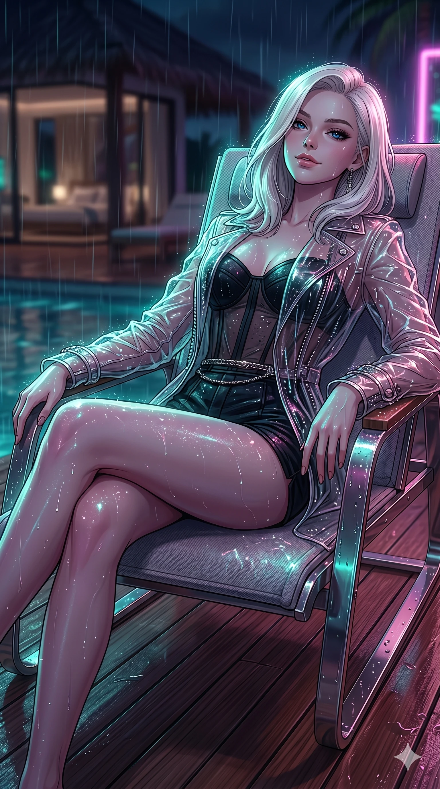 score_9, masterpiece, best quality, ultra-detailed, high-budget anime keyframe, editorial fashion photography, tasteful artistic composition, Caucasian woman, strictly human ears. cowboy shot from the thighs up, character and outfit filling the frame for maximum editorial presence. leaning back on a lounge chair, tilting her chin up with a confident half-smile on a teak deck of a luxury beach villa (Code-P17-139). She has an absolutely perfect 8-heads proportion, an exceptionally tall and slender female figure with impossibly long slender legs and an ultra-slim waist. V-shaped jawline, high-bridge nose, intricate jewel-like eyes with depth, thick eyelashes, glossy lips with a natural sheen. wearing a transparent PVC jacket worn over a structured black corset and shorts. neon lights refracting through the rain droplets, creating a sparkling, wet glow on her. 2k, ultra detail, master piece, 9:16 ratio