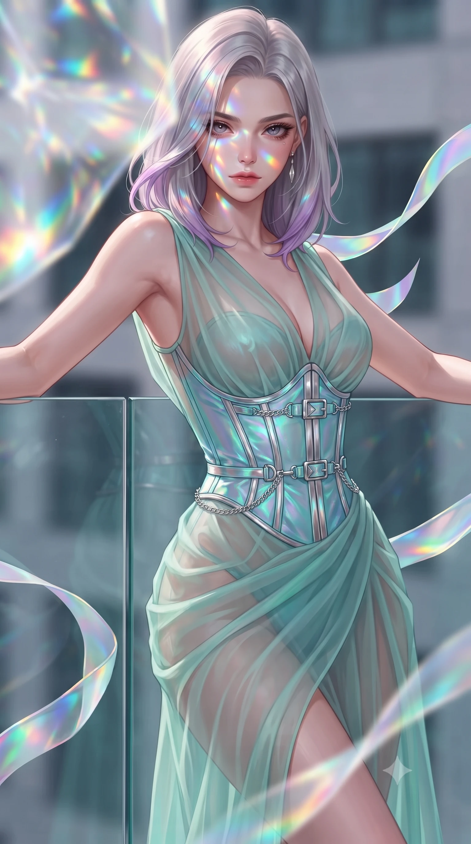 score_9, masterpiece, best quality, ultra-detailed, high-budget anime keyframe, editorial fashion photography, tasteful artistic composition, Caucasian woman. close-up cowboy shot from the waist and thighs up, the character dominates the composition, filling the frame with her large presence, background elements kept in soft focus. Casting a slow, direct gaze beneath heavy lashes with quiet intensity, resting against a glass balustrade as iridescent silk ribbons float around her, sculptural draping emphasizing her ultra-slim waist and long silhouette. She has an exceptionally elegant, slender, and willowy female figure with an ultra-slim waist, a gracefully sculpted slender torso, and a refined silhouette. sharp v-shaped jawline, high-bridge nose, intricate jewel-like eyes with depth, thick eyelashes, glossy lips with a natural sheen. wearing semi-opaque sheer seafoam chiffon gown revealing structured corset silhouette in metallic silver, made of iridescent turquoise taffeta, framed by polished silver buckles and delicate chain details, the fitted fabric emphasizing her ultra-slim waist. illuminated by brilliant multi-color rainbow light refracting through holographic organza. highly saturated vibrant anime colors, detailed shading with soft gradients, rich glossy textures, high-contrast stereoscopic depth, volumetric dynamic lighting, master piece, 9:16 ratio