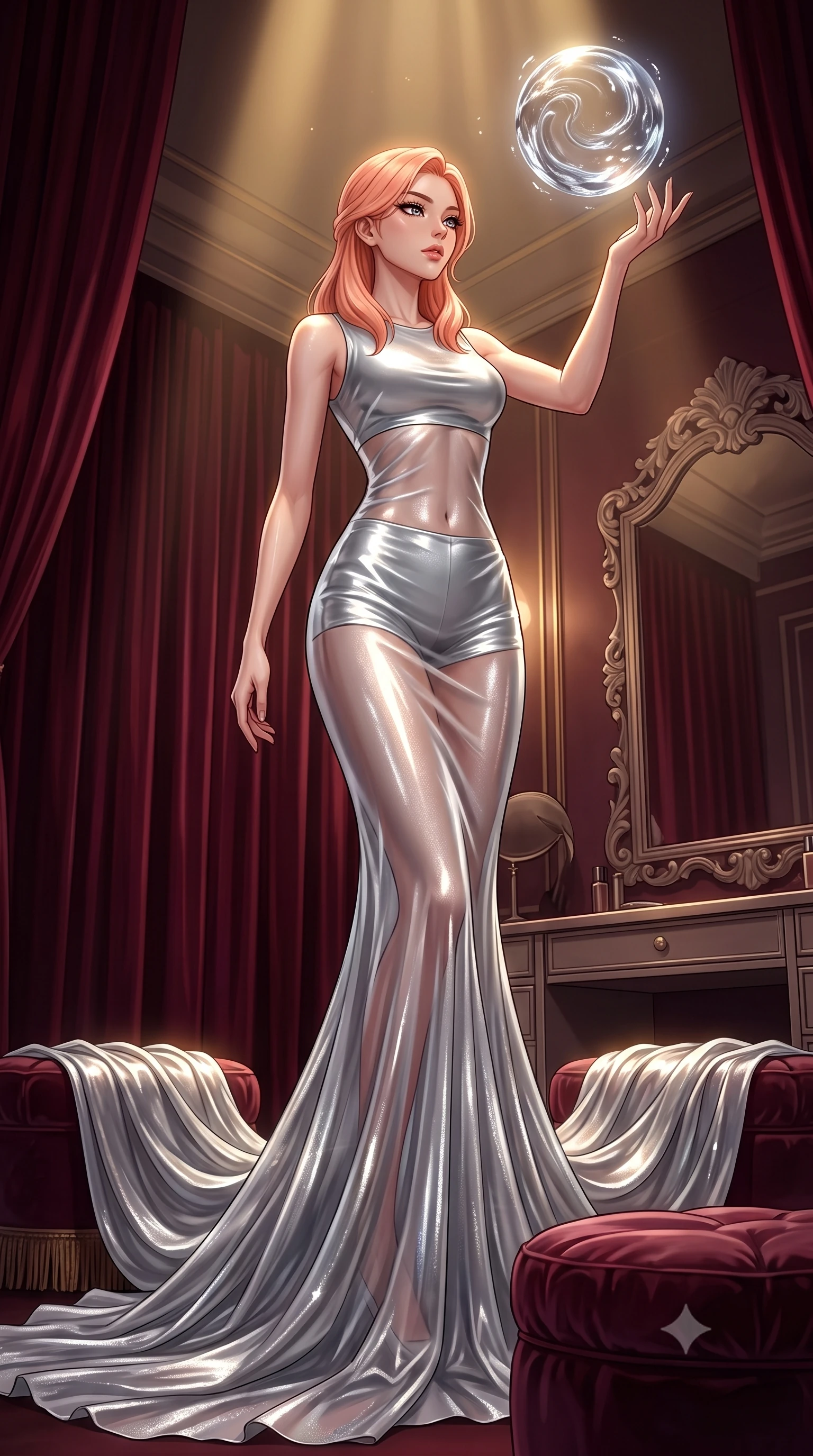 score_9, masterpiece, best quality, ultra-detailed, High-budget Anime Keyframe, East Asian woman. Low angle cowboy shot filling the entire 9:16 frame with her statuesque presence. Scenario 474: reaching out to catch a floating sphere of liquid light in a velvet-lined dressing room illuminated by soft golden spotlights. Her presence is magnetic and overpowering in this high-budget anime scene. Outfit 474: a body-hugging liquid silver shimmering chiffon gown worn over an opaque crop top and high-waisted shorts. The clothing is designed to emphasize her exceptionally tall and slender 8-heads proportion. 8-heads proportion, towering silhouette, ultra-slim waist. sharp v-shaped jawline, intricate jewel-like eyes with depth, thick eyelashes, glossy lips. 2k, ultra detail, master piece, 9:16 ratio