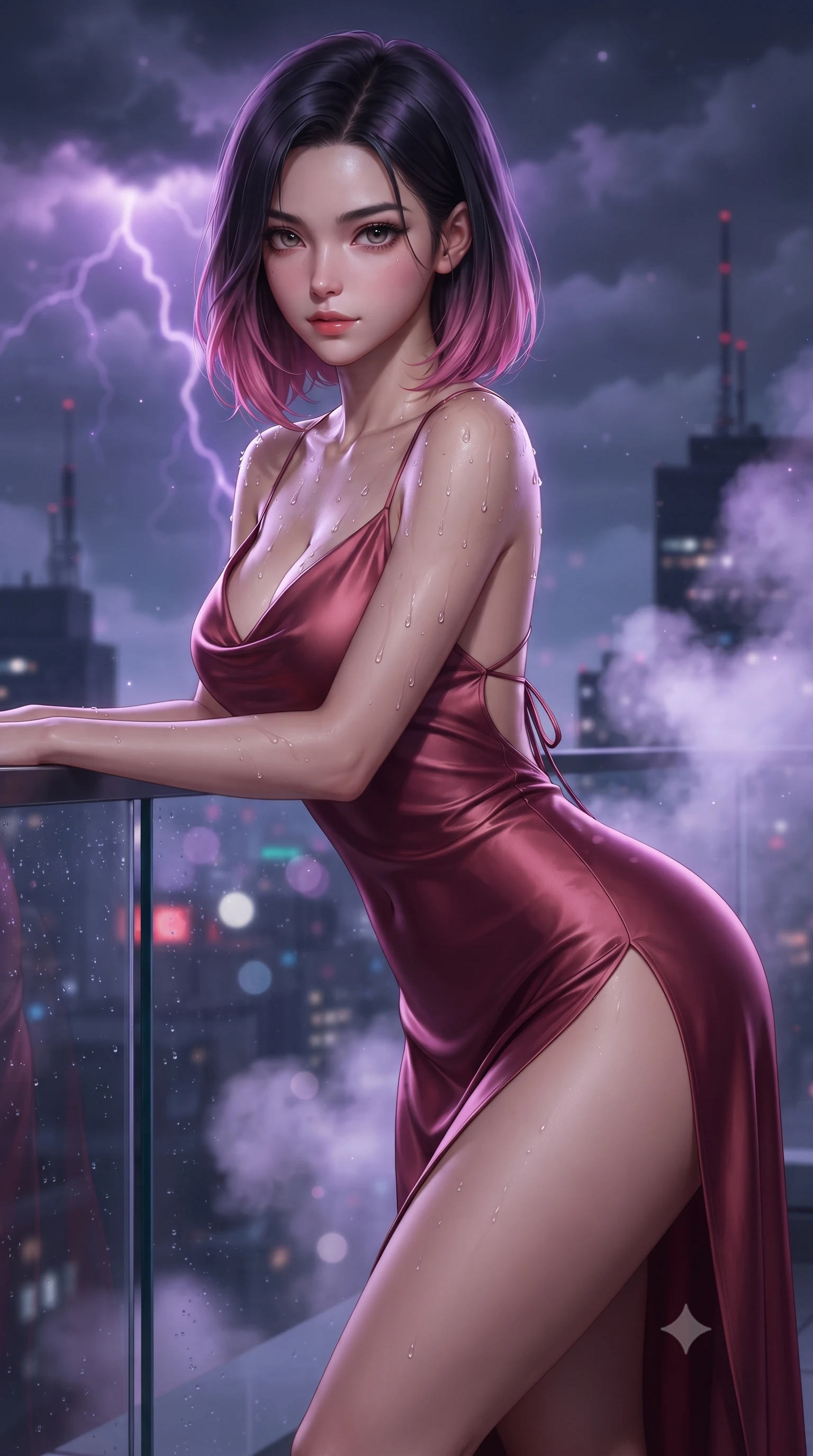 score_9, masterpiece, best quality, ultra-detailed, high-budget anime keyframe, editorial fashion photography, tasteful artistic composition, Korean woman. close-up cowboy shot from the waist and thighs up, the character dominates the composition, filling the frame with her large presence. leaning forward while arching her lower back to accentuate her curvy hips, looking into the camera with an intoxicating smoldering gaze and bedroom-eyes while leaning against the infinity edge glass wall overlooking the stormy neon city with hips cocked back, looking back with smoldering eyes. The background shows a soft-focus swirling storm clouds with purple lightning arcs, distant neon skyscraper antennas, and billowing thermal steam blurred into violet, sapphire, and starlight bokeh. She has an exceptionally elegant, slender, and willowy female figure with an ultra-slim waist, flat toned midriff, narrow ribcage, and sculpted feminine hips creating an alluring, slim hourglass silhouette without bulk. sharp v-shaped jawline, high-bridge nose, sparkling eyes with hypnotic seductive depth, thick curled eyelashes, glossy parted lips with a natural dewy peach sheen, alluring bedroom-eyes with an enchanting coquettish smile, exuding magnetic siren charisma and sophisticated glamour, flawlessly proportioned anatomical accuracy, strict slender model proportions, natural body alignment, perfectly sculpted long slender limbs, ultra-slim waistline, clean dynamic posture without body distortion. wearing a plunging cowl-neck liquid silk satin slip gown with daring hip-high double slits and delicate back ties in smoldering crimson wine and deep rose-gold, woven from buttery-soft stretch lambskin leather adhering to her body like a second skin, finished with glistening drops of pool water beading across her sculpted shoulders and collarbones, the precision-cut side openings and low-back scoop framing her graceful spine and the sensual sweep of her slim, toned hips. illuminated by steam particle light scatter and sharp platinum-violet rim lights defining her razor-sharp jawline, narrow waist, and voluptuous hip curves. ultra-reflective glossy finish, specular highlights, rich textural contrasts, high-contrast stereoscopic depth, volumetric dynamic lighting, 2k, ultra detail, master piece, 9:16 ratio