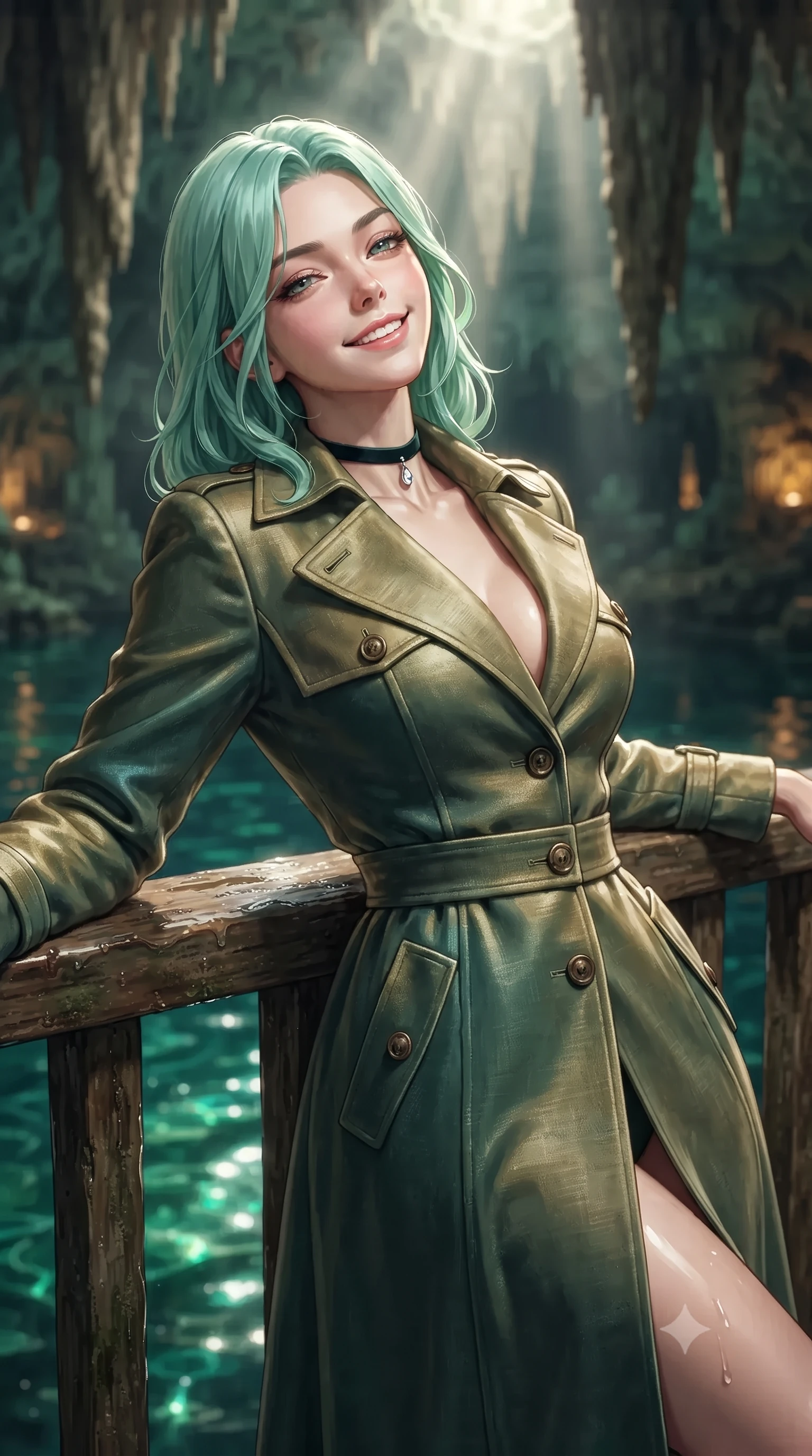 score_9, masterpiece, best quality, ultra-detailed, high-budget anime keyframe, editorial fashion photography, tasteful artistic composition, Japanese woman. close-up cowboy shot from the waist and thighs up, the character dominates the composition, filling the frame with her large presence. leaning back against the balustrade with relaxed seductive grace, head tilted back slightly while casting a hypnotic, heavy-lidded gaze while twisting her slender torso in an alluring contrapposto stance, shimmering emerald water reflections and celestial sunbeams caressing her flat midriff and hips. The background shows a soft-focus colossal hanging limestone stalactites, single beam of sunlight cutting through subterranean mist, and translucent emerald cavern water blurred into jade, topaz, and obsidian bokeh. She has an exceptionally elegant, slender, and willowy female figure with an ultra-slim waist, flat toned midriff, narrow ribcage, and sculpted feminine hips creating an alluring, slim hourglass silhouette without bulk. sharp v-shaped jawline, high-bridge nose, intricate jewel-like sparkling eyes with depth, thick eyelashes, glossy parted lips with a natural peach sheen, bright cheerful beaming smile with an enchanting and coquettish sensual glint, exuding both youthful cute charm and seductive allure, flawlessly proportioned anatomical accuracy, strict slender model proportions, natural body alignment, perfectly sculpted long slender limbs, ultra-slim waistline, clean dynamic posture without body distortion. wearing a structured Tulum raw silk safari trench coat with horn buttons and storm flaps in Tulum jungle agave sage and copal resin gold, tailored from ultra-plush silk velvet with rich tactile depth and deep shadow gradients, finished with a thin velvet ribbon choker and a single teardrop diamond pendant, the bespoke structured tailoring following the natural line of her 8.5-heads silhouette with refined elegance. bathed in the theatrical 5000K vertical god-ray sunbeam shaft contrasting with warm 2600K amber cave wall accent downlights. ultra-reflective glossy finish, specular highlights, rich textural contrasts, high-contrast stereoscopic depth, volumetric dynamic lighting, 2k, ultra detail, master piece, 9:16 ratio