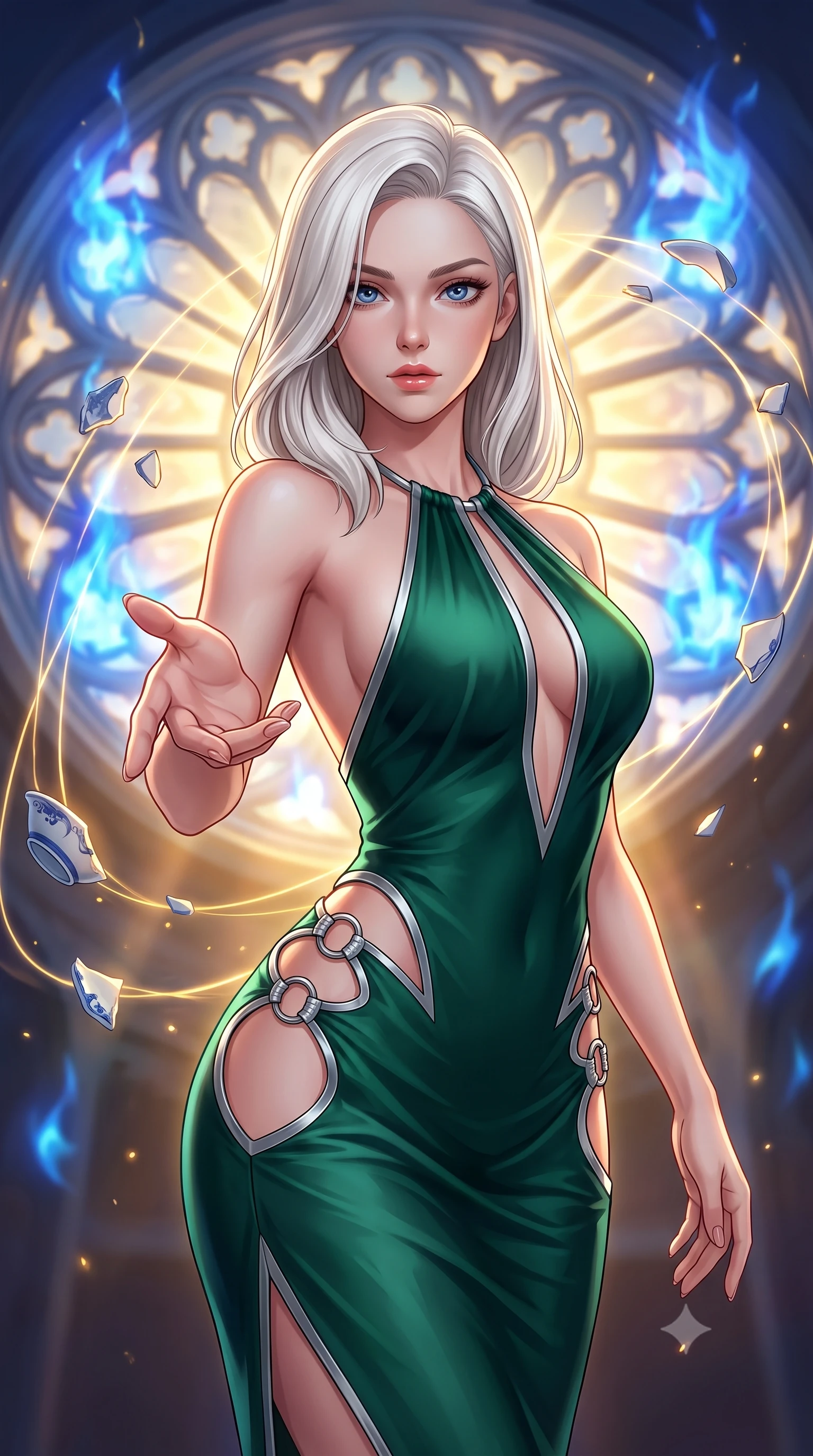 score_9, masterpiece, best quality, ultra-detailed, high-budget anime keyframe, editorial fashion photography, tasteful artistic composition, Caucasian woman. close-up cowboy shot from the waist and thighs up, the character dominates the composition, filling the frame with her large presence, background elements kept in soft focus. Reaching her hand gracefully toward the camera with magnetic allure, her torso turning in a dynamic S-curve alignment while pivoting dynamically in front of a giant porcelain rose window emitting sapphire flames, golden light threads binding broken ceramic pieces in dynamic orbital motion. She has an exceptionally elegant, slender, and willowy female figure with an ultra-slim waist, a gracefully sculpted slender torso, and a refined silhouette. sharp v-shaped jawline, high-bridge nose, intricate jewel-like eyes with depth, thick eyelashes, glossy lips with a natural sheen, flawlessly proportioned anatomical accuracy, natural body alignment, perfectly sculpted elegant limbs, clean dynamic posture without body distortion. wearing a deep-scoop halter bodycon dress with hip cutouts connected by silver rings in deep emerald green and silver accent, crafted from smooth liquid silk, accented with a Tasteful chest slit framing her clavicle gracefully, the sleek second-skin texture accentuating her magnetic presence. illuminated by a dramatic contrast of sapphire alchemy flames and warm golden glow. highly saturated vibrant anime colors, detailed shading with soft gradients, rich glossy textures, high-contrast stereoscopic depth, volumetric dynamic lighting, master piece, 9:16 ratio