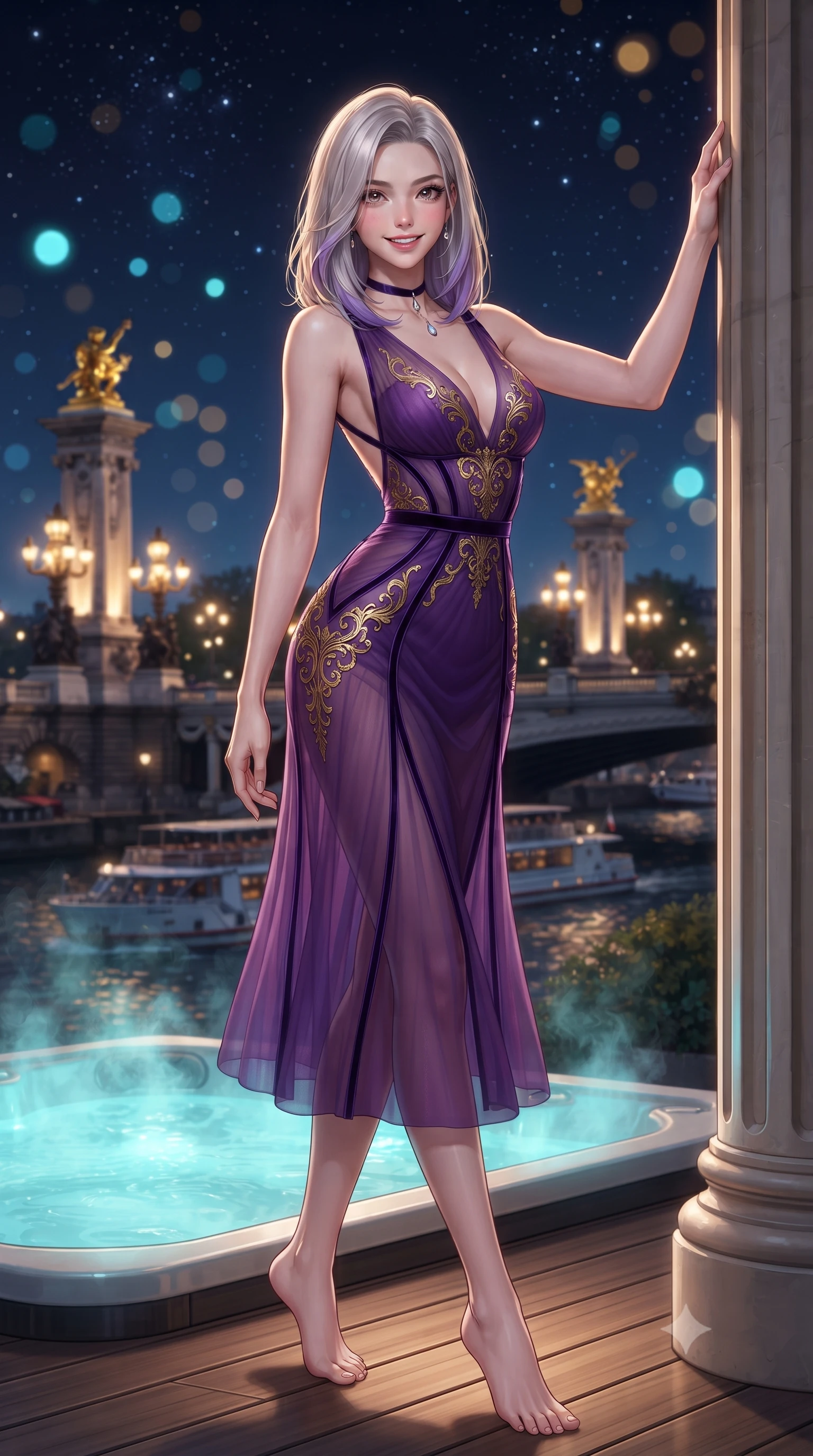 score_9, masterpiece, best quality, ultra-detailed, high-budget anime keyframe, editorial fashion photography, tasteful artistic composition, Caucasian woman. low angle full-body shot from head to toe showing her feet, filling the entire 9:16 vertical frame with her statuesque presence, stretching her vertical silhouette. standing tall beside the architectural column, one hand resting high while arching her lower back to emphasize her sculpted feminine hips and slender waist while standing poised on the heated teak deck beside the steaming rooftop jacuzzi, arching her back with high-fashion ease as night settles over Paris. The background shows a soft-focus gilded bronze statues of Pont Alexandre III ablaze with golden lamps, tourist riverboats passing below, and starry night sky blurred into electric gold, cyan, and obsidian bokeh. She has an exceptionally tall and slender model-like 8.5-heads proportion, an ultra-slim waist, a flat toned midriff, narrow delicate ribcage, and beautifully sculpted feminine hips creating a graceful, slim hourglass silhouette without any bulky heaviness, with impossibly long slender legs. sharp v-shaped jawline, high-bridge nose, intricate jewel-like sparkling eyes with depth, thick eyelashes, glossy parted lips with a natural peach sheen, bright cheerful beaming smile with an enchanting and coquettish sensual glint, exuding both youthful cute charm and seductive allure, flawlessly proportioned anatomical accuracy, strict slender model proportions, natural body alignment, perfectly sculpted long slender limbs, ultra-slim waistline, clean dynamic posture without body distortion. wearing a provocative semi-sheer tulle cocktail dress with velvet ribbon piping contouring her narrow waist and hips in rich royal amethyst purple and gilded filigree, made of fluid liquid jersey with seamless sculpting hold and smooth contours, finished with a thin velvet ribbon choker and a single teardrop diamond pendant, the precision-cut side openings and low-back scoop framing her graceful spine and the sensual sweep of her slim, toned hips. bathed in underwater jacuzzi cyan LEDs contrasted with warm golden city lights and deep navy sky fill. ultra-reflective glossy finish, specular highlights, rich textural contrasts, high-contrast stereoscopic depth, volumetric dynamic lighting, 2k, ultra detail, master piece, 9:16 ratio