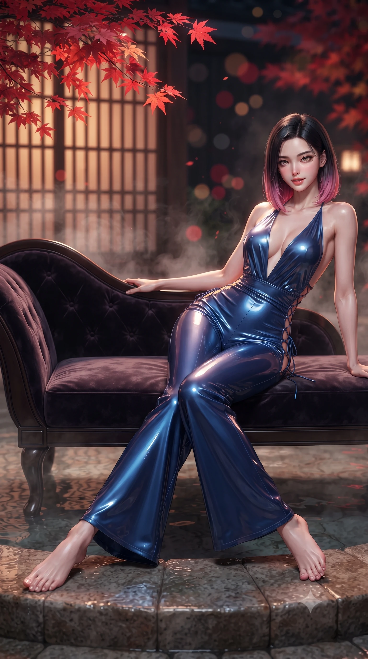 score_9, masterpiece, best quality, ultra-detailed, high-budget anime keyframe, editorial fashion photography, tasteful artistic composition, Korean woman. low angle full-body shot from head to toe showing her feet, filling the entire 9:16 vertical frame with her statuesque presence, stretching her vertical silhouette. reclining gracefully across the plush chaise lounge with one leg extended, her sculpted silhouette and flat midriff radiating magnetic nocturnal glamour while lounging gracefully in the shallow hot spring propped on one elbow, her statuesque 8.5-heads silhouette radiating intimate Kyoto allure. The background shows a soft-focus vibrant scarlet Japanese maple leaves overhanging the bath, dark timber machiya lattice walls, and rising mineral steam blurred into crimson, amber, and charcoal bokeh. She has an absolutely perfect, statuesque 8.5-heads proportion, an exceptionally tall and slender model-like female figure with impossibly long slender legs, an ultra-slim waist, a flat toned midriff, narrow delicate ribcage, and beautifully sculpted feminine hips creating a graceful, slim hourglass silhouette without any bulky heaviness. sharp v-shaped jawline, high-bridge nose, sparkling eyes with hypnotic seductive depth, thick curled eyelashes, glossy parted lips with a natural dewy peach sheen, alluring bedroom-eyes with an enchanting coquettish smile, exuding magnetic siren charisma and sophisticated glamour, flawlessly proportioned anatomical accuracy, strict slender model proportions, natural body alignment, perfectly sculpted long slender limbs, ultra-slim waistline, clean dynamic posture without body distortion. wearing a backless plunge-front silk satin jumpsuit with fluid wide-leg silhouette and side hip cutouts in Monte Carlo sapphire and liquid platinum, crafted from wet-look high-gloss vinyl fabric with dazzling specular surface reflections, featuring fine criss-cross lace-up side ties revealing tantalizing glimpses of her hip curve, the liquid-tight tailored fabric clinging flawlessly to her narrow waist and rounded feminine hips, emphasizing every millimeter of her sculpted slim hourglass curves without any bulky heaviness. illuminated by steam particle light scatter and sharp crimson-gold rim lights defining her delicate clavicles, ultra-slim waist, and curvy hips. ultra-reflective glossy finish, specular highlights, rich textural contrasts, high-contrast stereoscopic depth, volumetric dynamic lighting, 2k, ultra detail, master piece, 9:16 ratio