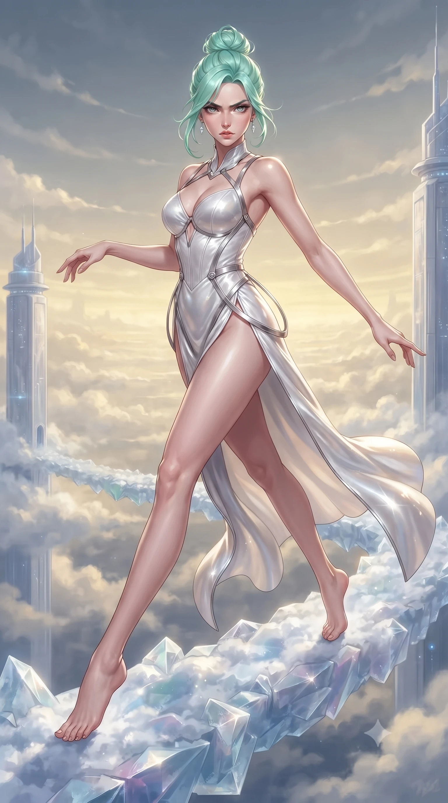 score_9, masterpiece, best quality, ultra-detailed, high-budget anime keyframe, editorial fashion photography, tasteful artistic composition, Japanese woman. low angle full-body shot from head to toe showing her feet, filling the entire 9:16 vertical frame with her statuesque presence, stretching her vertical silhouette. leaping dynamically through the luminous sky, her posture full of power and elegance, stepping along a crystalline cloud bridge connecting two sky towers, endless atmospheric depth with layered clouds fading into golden distance. She has an absolutely perfect, statuesque 8.5-heads proportion, an exceptionally tall and slender model-like female figure with impossibly long slender legs and an ultra-slim waist. sharp v-shaped jawline, high-bridge nose, intricate jewel-like eyes with depth, thick eyelashes, glossy lips with a natural sheen. wearing low-cut structured bodice gown in liquid pearl with high leg slit in pearl white, made of crushed white silk velvet, highlighted by a platinum metallic harness structure, highlighting her statuesque proportions and ultra-slim waistline. surrounded by an airy, ethereal ambiance with radiant white highlights. ultra-reflective glossy finish, specular highlights, metallic sheen, high-contrast stereoscopic depth, volumetric dynamic lighting, 2k, ultra detail, master piece, 9:16 ratio