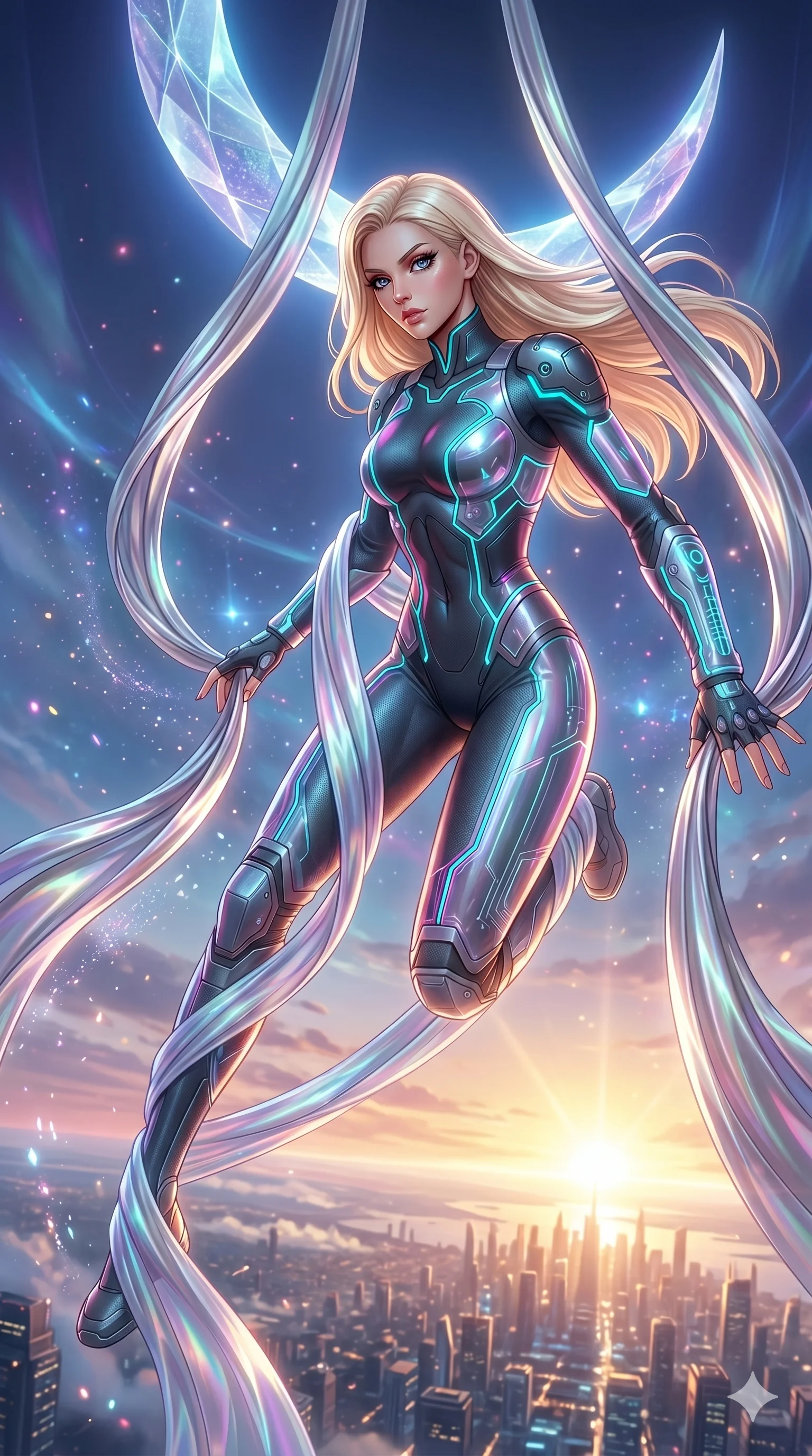 score_9, masterpiece, best quality, ultra-detailed, semi-realistic 3D game render, high-fidelity textures, Unreal Engine 5 style, Korean woman. Dynamic full-body shot stretching the vertical silhouette with extreme perspective. performing an aerial silks routine hanging from a moon crescent. She has an absolutely perfect 8-heads proportion, an exceptionally tall and slender female figure with an ultra-slim waist and impossibly long slender legs. strictly human anatomy, two legs only, no extra limbs, clearly defined legs and arms, perfect anatomy, perfect hands and fingers. sharp v-shaped jawline, high-bridge nose, intricate jewel-like eyes, thick eyelashes, glossy lips. Wearing Tech-Fantasy: Cybernetic tech-suit with glowing seams, translucent PVC over leotard, and modular tactical gear. The scene is illuminated by dramatic atmospheric lighting and vibrant color palettes. , 2k, ultra detail, master piece, 9:16 ratio