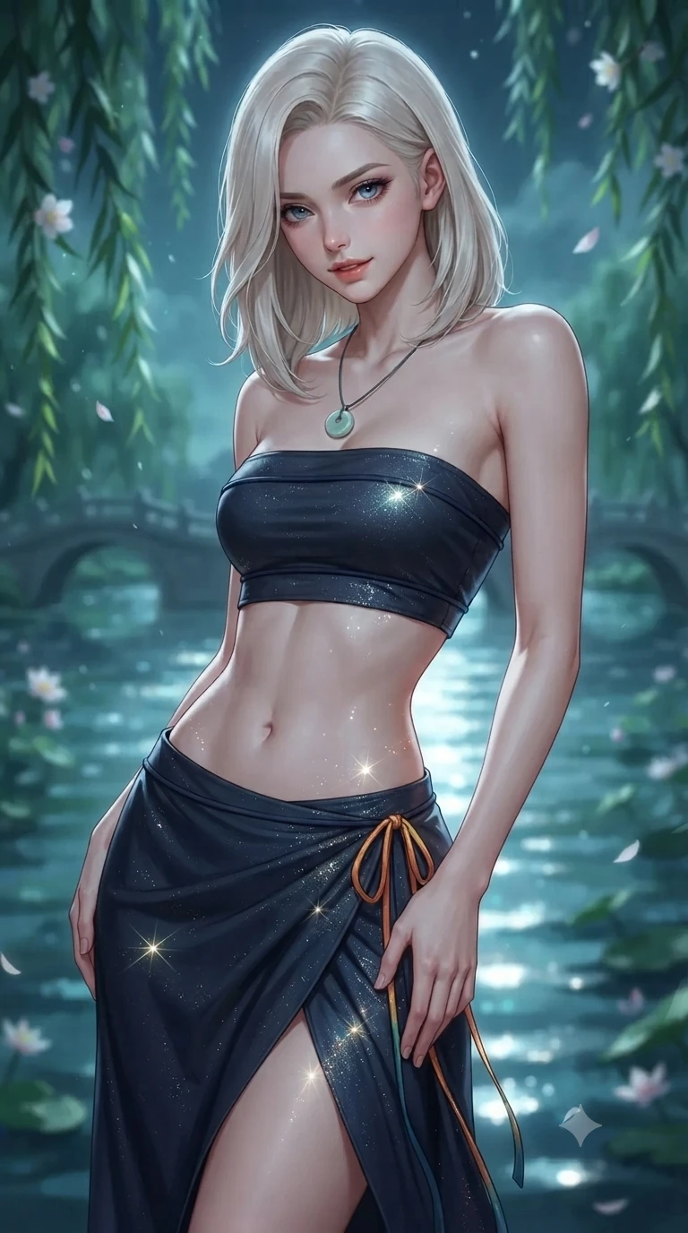 score_9, masterpiece, best quality, ultra-detailed, high-budget anime keyframe, editorial fashion photography, tasteful artistic composition, Caucasian woman. close-up cowboy shot from the waist and thighs up, the character dominates the composition, filling the frame with her large presence. tilting her head with a teasing half-smile, running one hand slowly down the side of her hip in a flirtatious S-curve as ambient light caresses her silhouette while twisting her slender torso in an alluring S-curve beside the pebble shoreline, moonbeams reflecting off her flat midriff and hips. The background shows a soft-focus swaying weeping willow fronds, drifting flower blossoms on water, and distant arched bridges blurred into emerald, silver, and jade bokeh. She has an exceptionally elegant, slender, and willowy female figure with an ultra-slim waist, flat toned midriff, narrow ribcage, and sculpted feminine hips creating an alluring, slim hourglass silhouette without bulk. sharp v-shaped jawline, high-bridge nose, sparkling eyes with hypnotic seductive depth, thick curled eyelashes, glossy parted lips with a natural dewy peach sheen, alluring bedroom-eyes with an enchanting coquettish smile, exuding magnetic siren charisma and sophisticated glamour, flawlessly proportioned anatomical accuracy, strict slender model proportions, natural body alignment, perfectly sculpted long slender limbs, ultra-slim waistline, clean dynamic posture without body distortion. wearing an alluring low-slung modern hanbok wrap skirt with bare waist flanks and delicate silk cord ties in midnight indigo and glowing lantern topaz, woven from metallic lurex thread casting radiant starlight glints across her silhouette, finished with a minimalist celadon porcelain pendant on a fine silk cord, the bespoke structured tailoring following the natural line of her 8.5-heads silhouette with refined elegance. illuminated by cool water surface bounce and sharp platinum-cyan rim lights defining her razor-sharp jawline, narrow waist, and curvy hips. ultra-reflective glossy finish, specular highlights, rich textural contrasts, high-contrast stereoscopic depth, volumetric dynamic lighting, 2k, ultra detail, master piece, 9:16 ratio