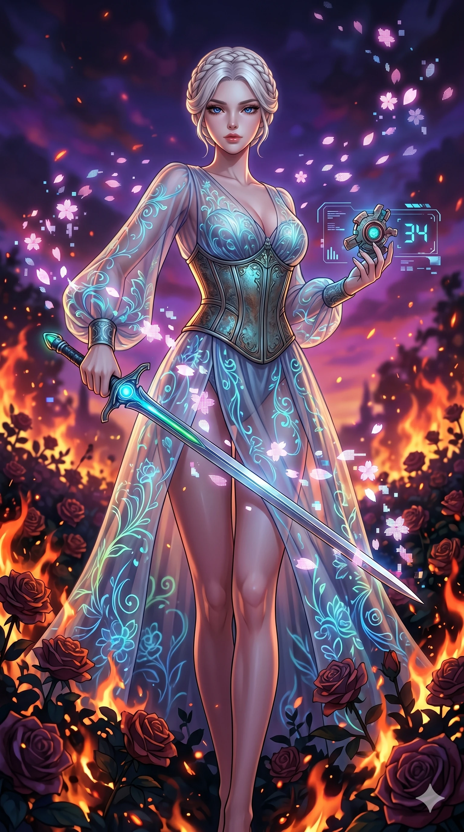 score_9, masterpiece, best quality, ultra-detailed, Set A: High-budget Anime Keyframe, Korean woman. Low angle cowboy shot filling the entire 9:16 frame with her statuesque presence. Drawing a blade through a burning rose garden, holding a relic that pulses with the frequency 34 and surrounded by digital sakura petals. She has an absolutely perfect 8-heads proportion, an exceptionally tall and slender female figure with impossibly long slender legs and an ultra-slim waist. Sharp v-shaped jawline, high-bridge nose, intricate jewel-like eyes with depth, thick eyelashes, glossy lips with a natural sheen. Wearing Sheer chiffon gown with a metallic corset and bioluminescent floral patterns. Cinematic lighting, vibrant colors, dramatic shadows, 2k, ultra detail, master piece, 9:16 ratio