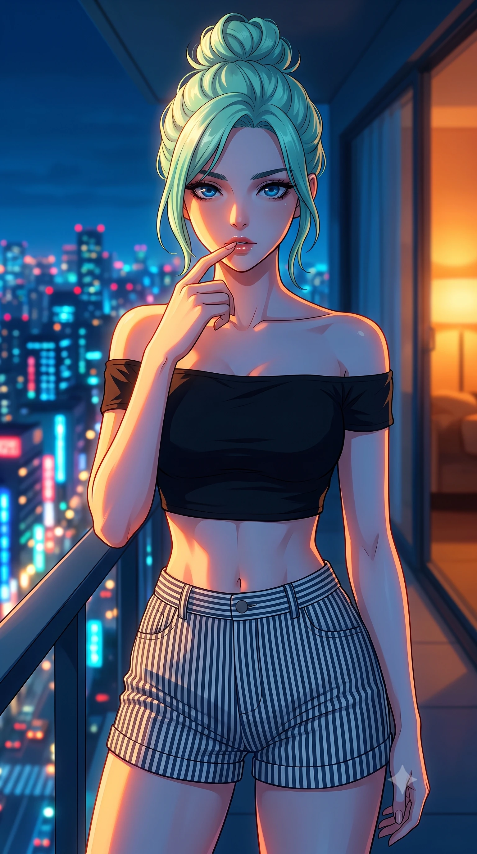 score_9, masterpiece, best quality, ultra-detailed, high-budget anime keyframe, tasteful artistic composition, Japanese woman. close-up cowboy shot from the waist and thighs up, the character dominates the composition, filling the frame with her large presence, background elements kept in soft focus. pressing one finger to her bottom lip in a thoughtful, seductive gesture under the warm sun the background shows a soft-focus a quiet high-rise balcony overlooking the neon grid after midnight. She has an exceptionally elegant, slender, and willowy female figure with an ultra-slim waist, a gracefully sculpted slender torso, and a refined silhouette. sharp v-shaped jawline, high-bridge nose, intricate jewel-like eyes with depth, thick eyelashes, glossy lips with a natural sheen. wearing a form-contouring chic off-shoulder crop top in black linen, paired with high-waisted striped resort shorts. cool blue ambient twilight light contrasting with a warm orange room light inside. highly saturated vibrant anime colors, cel-shading, 2d style, master piece, 9:16 ratio