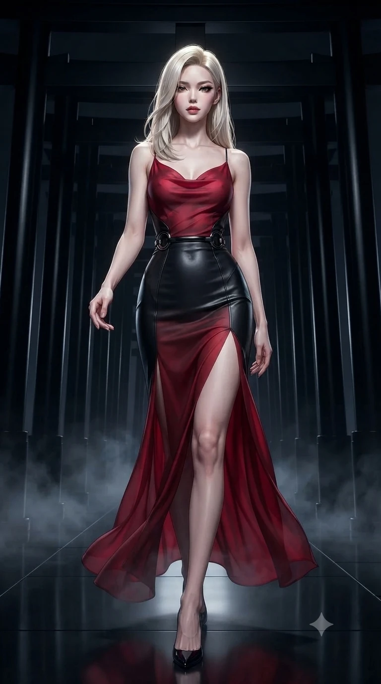 score_9, masterpiece, best quality, ultra-detailed, high-budget anime keyframe, editorial fashion photography, tasteful artistic composition, Korean woman. low angle full-body shot from head to toe showing her feet, filling the entire 9:16 vertical frame with her statuesque presence, stretching her vertical silhouette. walking through the endless corridor of black lacquer Torii gates at midnight with hypnotic feline grace while reaching one hand toward the viewer with relaxed dark elegance, her tailored tux dress tracing her ultra-slim waist and hips. The surrounding environment is rendered in vivid detail and crisp panoramic clarity: detailed tailored tux dress lapel sheen, fitted waistline seams, and neoclassical theater architecture in razor-sharp precision. She has an absolutely perfect, statuesque 8.5-heads proportion, an exceptionally tall and slender model-like female figure with impossibly long slender legs, an ultra-slim waist, a flat toned midriff, narrow delicate ribcage, and beautifully sculpted feminine hips creating a graceful, slim hourglass silhouette without any bulky heaviness. sharp v-shaped jawline, high-bridge nose, intricate jewel-like dark sparkling eyes with hypnotic seductive depth, thick curled eyelashes, glossy parted lips with a natural wine sheen, alluring bedroom-eyes with an enigmatic smoldering smile, exuding magnetic sovereign charisma and dark avant-garde glamour, flawlessly proportioned anatomical accuracy, strict slender model proportions, natural body alignment, perfectly sculpted long slender limbs, ultra-slim waistline, clean dynamic posture without body distortion. wearing a form-contouring gossamer silk chiffon slip dress with hip-high slit and open cowl back clinging with mist in crimson laser red and cold midnight shadow tones, made of supple butter-soft lambskin leather with a subtle satin sheen, accented with sculpted obsidian chrome rings at the waist, the form-fitting cut adhering flawlessly to her sculpted flat midriff and slender torso, emphasizing her long leg lines and perfectly proportioned willowy build. illuminated by a single brilliant theatrical key light emerging from dark opera shadows. ultra-reflective glossy finish, specular highlights, metallic sheen, high-contrast stereoscopic depth, volumetric dynamic lighting, 2k, ultra detail, master piece, 9:16 ratio