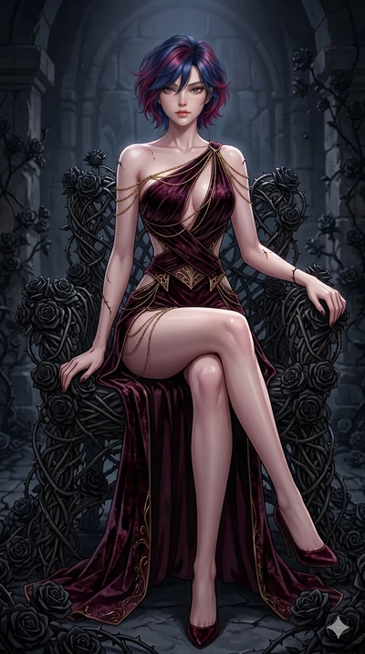 score_9, masterpiece, best quality, ultra-detailed, High-budget Anime Keyframe, East Asian woman. Dynamic full-body shot stretching the vertical silhouette to the limit. Scenario 220: Resting on a throne of black roses, thorns grazing her skin. Her p