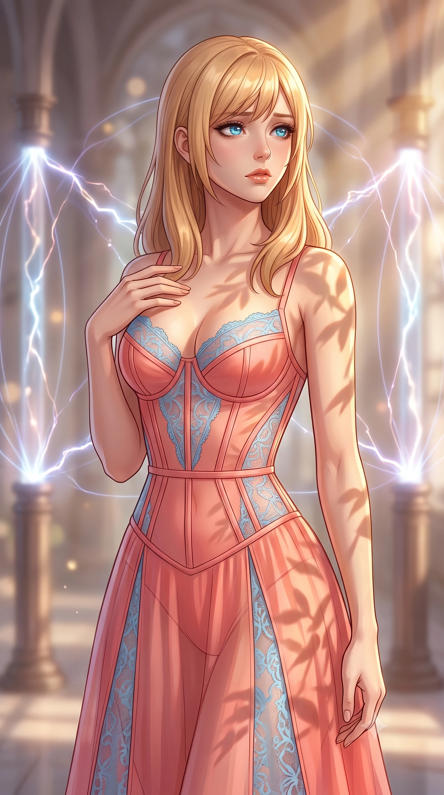 score_9, masterpiece, best quality, ultra-detailed, high-budget anime keyframe, editorial fashion photography, tasteful artistic composition, Caucasian woman, strictly human ears. close-up cowboy shot from the waist and thighs up, the character dominates the composition, filling the frame with her large presence, background elements kept in soft focus. Gazing into the distance with a wistful melancholic expression and softly glowing eyes. set against a soft-focus background of a sanctum powered by a magnetar's electromagnetic pulses where controlled energy arcs in beautiful geometric patterns between conductor pillars and magnetic field lines glow visibly in the charged atmosphere. She has an exceptionally elegant and slender, willowy female figure with an ultra-slim waist, a gracefully sculpted slender torso, and a refined slim physique. sharp v-shaped jawline, high-bridge nose, intricate jewel-like eyes with depth, thick eyelashes, glossy lips with a natural sheen. wearing an ultra-sheer silk gown in coral pink, with sky-blue lace insets and visible structured boning throughout the bodice. warm golden afternoon sunbeams casting soft organic leaf shadows across her skin. 2k, ultra detail, master piece, 9:16 ratio