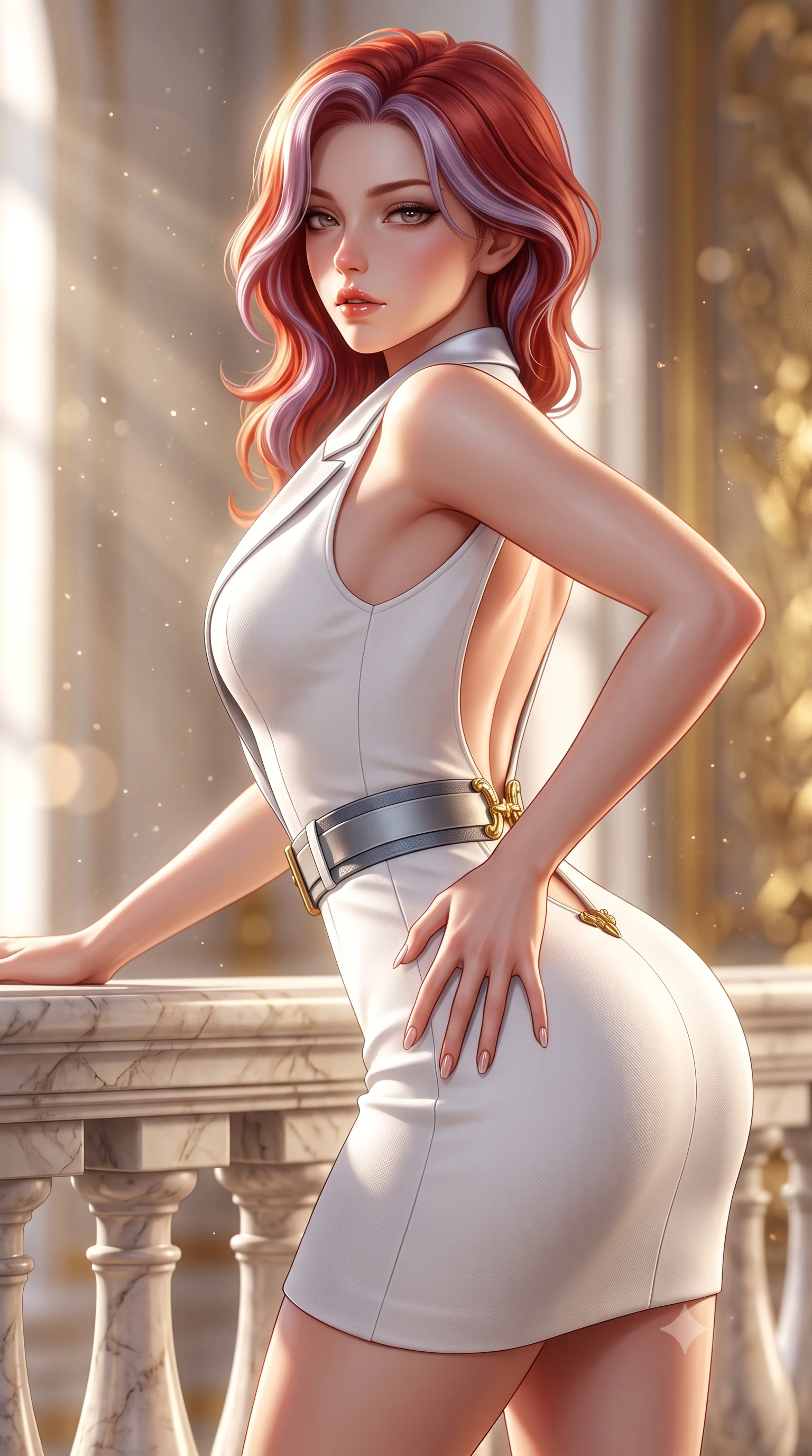 score_9, masterpiece, best quality, ultra-detailed, high-budget anime keyframe, semi-realistic 3D game render, editorial fashion photography, tasteful artistic composition, Caucasian woman. close-up cowboy shot from the waist and thighs up, the character dominates the composition, filling the frame with her large presence. resting one manicured hand delicately on her hip bone, her upper body turning in a fluid, seductive S-curve while parted lips glisten in the light while leaning forward over a sculpted marble balustrade with lower back arched, looking over her bare shoulder with parted glossy lips. The composition keeps background elements in soft focus with creamy bokeh. refracted afternoon sunbeams and floating dust motes scattering timeless radiant light across the salon. She has an exceptionally elegant, slender, and willowy female figure with an ultra-slim waist, a gracefully sculpted slender torso, toned flat midriff, and rounded feminine hips creating an alluring hourglass silhouette. sharp v-shaped jawline, high-bridge nose, intricate jewel-like eyes with depth, thick eyelashes, glossy parted lips with a natural sheen, intensely captivating and seductive bedroom-eyes expression, flawlessly proportioned anatomical accuracy, strict slender model proportions, natural body alignment, perfectly sculpted long slender limbs, ultra-slim waistline, clean dynamic posture without body distortion. wearing a tailored white tuxedo vest dress with satin lapels and a slim gold-buckle waist belt in cool slate grey and metallic silver, made of seamless compression knit with anatomical body-contouring support, finished with a dramatic open back secured by sculpted gold clasps, the dramatically scooped open back descending to the base of her spine, accentuating her razor-sharp statuesque lines and curvy hourglass silhouette. illuminated by crisp sculptural key lighting carving her narrow waist, curved hips, and statuesque limbs. highly saturated vibrant anime colors, detailed shading with soft gradients, rich glossy textures, high-contrast stereoscopic depth, volumetric dynamic lighting, master piece, 9:16 ratio