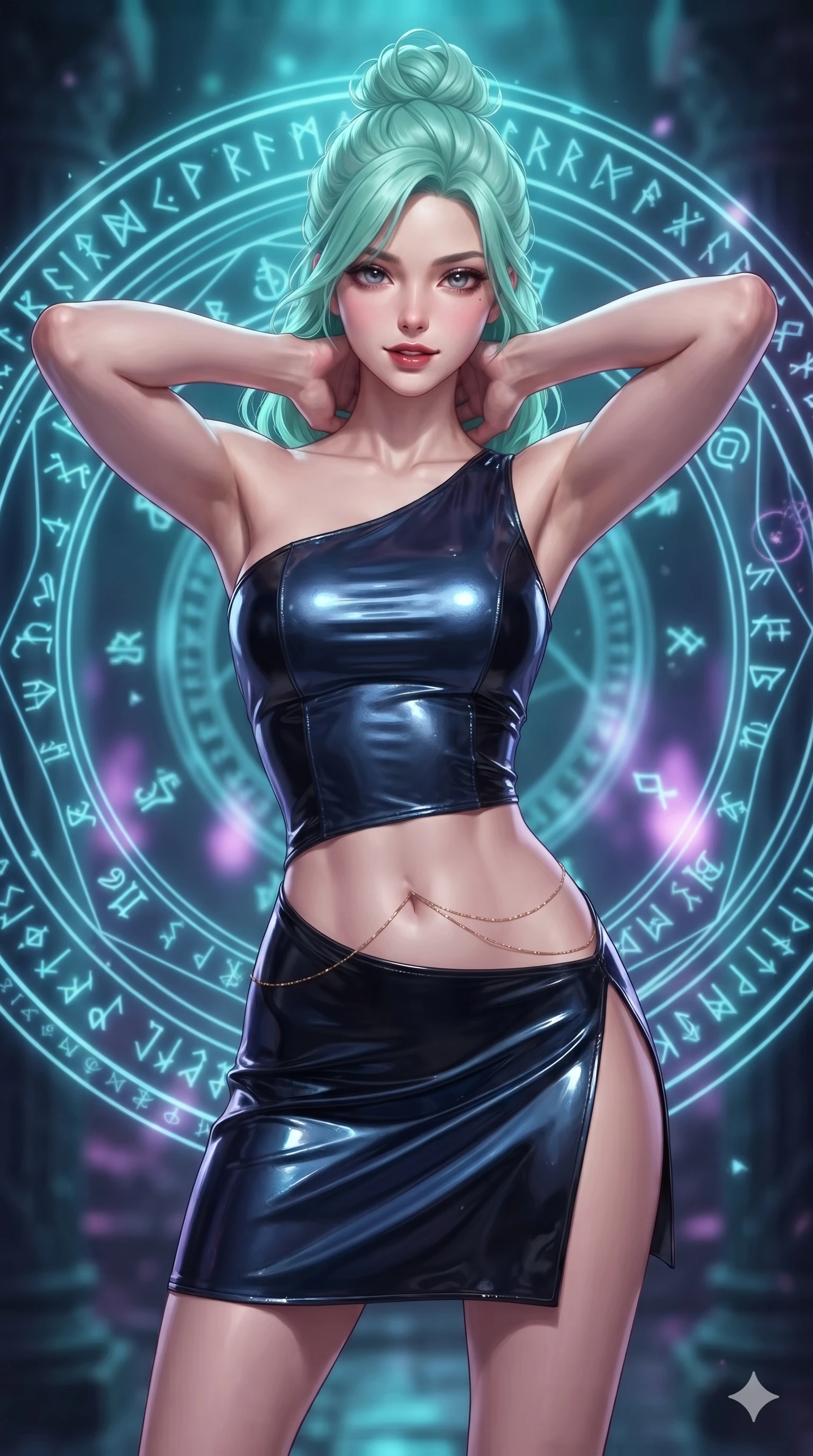 score_9, masterpiece, best quality, ultra-detailed, high-budget anime keyframe, editorial fashion photography, tasteful artistic composition, Japanese woman. close-up cowboy shot from the waist and thighs up, the character dominates the composition, filling the frame with her large presence. resting both hands lightly behind her neck with elbows raised, arching her spine to highlight her narrow waist and flat midriff while standing before a glowing holographic ritual circle projecting runic script onto cold air, arching her spine with ethereal occult siren poise. The background shows a soft-focus intricate revolving holographic spell circles, archaic runic glyphs floating in cold air, and ancient obsidian columns blurred into cyan, amethyst, and obsidian bokeh. She has an exceptionally elegant, slender, and willowy female figure with an ultra-slim waist, flat toned midriff, narrow ribcage, and sculpted feminine hips creating an alluring, slim hourglass silhouette without bulk. sharp v-shaped jawline, high-bridge nose, intricate jewel-like dark sparkling eyes with hypnotic seductive depth, thick curled eyelashes, glossy parted lips with a natural wine sheen, alluring bedroom-eyes with an enigmatic smoldering smile, exuding magnetic sovereign charisma and dark avant-garde glamour, flawlessly proportioned anatomical accuracy, strict slender model proportions, natural body alignment, perfectly sculpted long slender limbs, ultra-slim waistline, clean dynamic posture without body distortion. wearing an asymmetric one-shoulder metallic patent leather mini dress with a dramatic side slit hugging her hips in midnight navy blue and smoky pitch black, crafted from wet-look high-gloss vinyl fabric with dazzling specular surface reflections, accented with a dainty gold belly chain resting across her flat midriff and curving hips, contouring every curve with an exceptionally elegant silhouette and captivating allure. illuminated by intense radiant neon cyan and ultraviolet holographic projections contrasting with pitch-black stone. ultra-reflective glossy finish, specular highlights, metallic sheen, high-contrast stereoscopic depth, volumetric dynamic lighting, 2k, ultra detail, master piece, 9:16 ratio