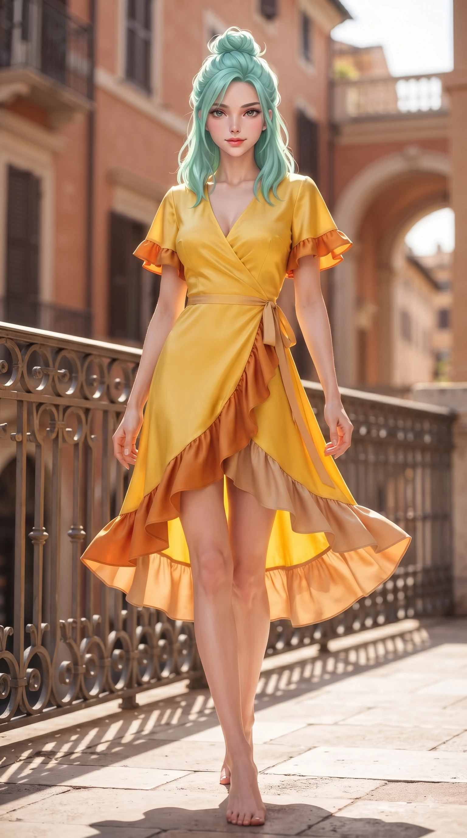 score_9, masterpiece, best quality, ultra-detailed, high-budget anime keyframe, editorial fashion photography, tasteful artistic composition, Japanese woman. low angle full-body shot from head to toe showing her feet, filling the entire 9:16 vertical frame with her statuesque presence, stretching her vertical silhouette. Airy, translucent innocence with a soft subtle smile and a clear, pristine gaze into the lens while pivoting dynamically near a sunlit wrought-iron balcony as a warm afternoon breeze billows her outfit. The composition keeps background elements in soft focus with dreamy bokeh. terracotta building facades and distant archways blurred into creamy golden background bokeh. She has an absolutely perfect, statuesque 8.5-heads proportion, an exceptionally tall and slender model-like female figure with impossibly long slender legs and an ultra-slim waist. sharp v-shaped jawline, high-bridge nose, intricate jewel-like eyes with depth, thick eyelashes, glossy lips with a natural sheen, flawlessly proportioned anatomical accuracy, natural body alignment, perfectly sculpted elegant limbs, clean dynamic posture without body distortion. wearing a cheerful sunflower yellow silk wrap dress with fluttery ruffle hems in burnt orange and warm camel beige, crafted from smooth liquid silk satin, accented with a delicate side waist sash creating fluid lines, the form-contouring material accentuating her ultra-slim waist and long lines. surrounded by a sophisticated, cinematic, and timeless European editorial aura. ultra-reflective glossy finish, specular highlights, metallic sheen, high-contrast stereoscopic depth, volumetric dynamic lighting, 2k, ultra detail, master piece, 9:16 ratio