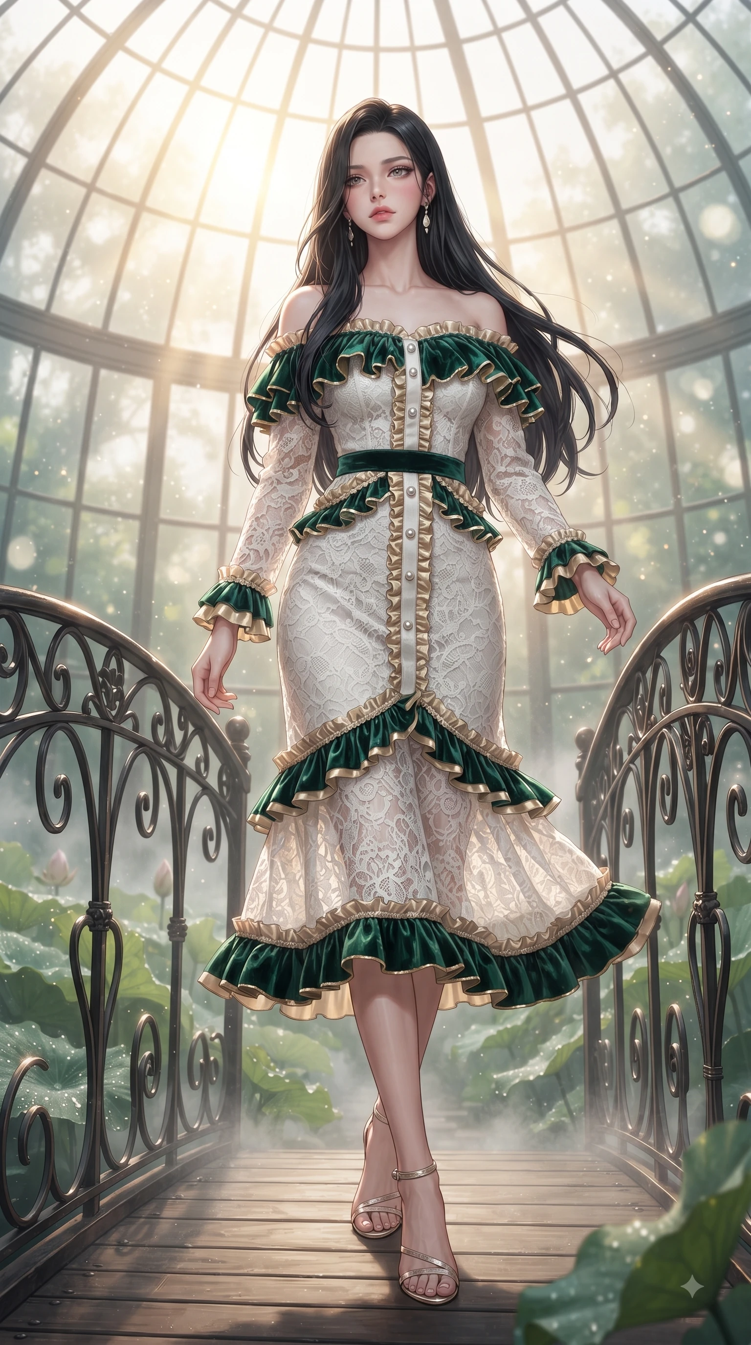 score_9, masterpiece, best quality, ultra-detailed, high-budget anime keyframe, editorial fashion photography, tasteful artistic composition, Korean woman. low angle full-body shot from head to toe showing her feet, filling the entire 9:16 vertical frame with her statuesque presence, stretching her vertical silhouette. Wistful sorrowful gaze looking distant with a delicate melancholy and emotional depth in her eyes while pivoting gracefully on a wrought-iron bridge over a lotus pond dripping with morning dew. The composition keeps background elements in soft focus with dreamy bokeh. sunbeams filtering through misty glass dome panes softened in creamy depth of field. She has an absolutely perfect, statuesque 8.5-heads proportion, an exceptionally tall and slender model-like female figure with impossibly long slender legs and an ultra-slim waist. sharp v-shaped jawline, high-bridge nose, intricate jewel-like eyes with depth, thick eyelashes, glossy lips with a natural sheen, flawlessly proportioned anatomical accuracy, natural body alignment, perfectly sculpted elegant limbs, clean dynamic posture without body distortion. wearing a chic white lace off-shoulder midi dress decorated with delicate ruffle trims in deep emerald green and champagne gold, made of premium stretch velvet with a rich glossy sheen, accented with delicate pearl buttons and refined ruffle trims, the chic fashion cut framing her graceful clavicle and slender torso. bathed in bright golden sunbeams streaming through glasshouse panes. ultra-reflective glossy finish, specular highlights, metallic sheen, high-contrast stereoscopic depth, volumetric dynamic lighting, 2k, ultra detail, master piece, 9:16 ratio