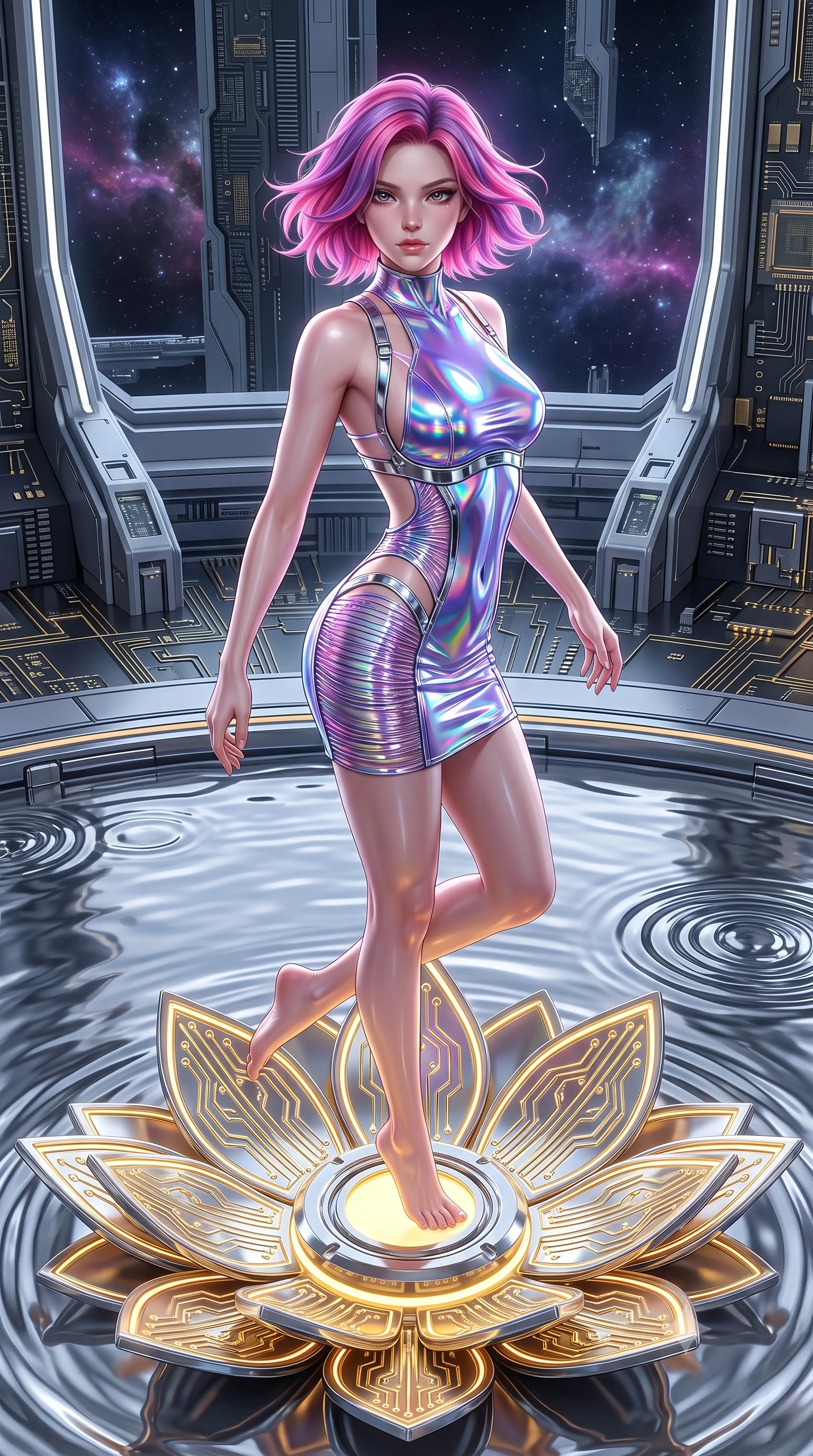 score_9, masterpiece, best quality, ultra-detailed, high-budget anime keyframe, editorial fashion photography, tasteful artistic composition, Caucasian woman. low angle full-body shot from head to toe showing her feet, filling the entire 9:16 vertical frame with her statuesque presence, stretching her vertical silhouette. pivoting dynamically in mid-motion with a breathtakingly alluring posture, displaying her flawless model proportions, toned flat midriff, and ultra-slim waist while standing with sovereign poise atop a gigantic glowing gold and chrome circuit lotus floating in a pool of liquid mercury. The surrounding environment is rendered in vivid detail and crisp panoramic clarity. razor-sharp circuit lotus petal engravings, liquid mercury surface tension ripples, and gold inlays in deep focus. She has an absolutely perfect, statuesque 8.5-heads proportion, an exceptionally tall and slender model-like female figure with impossibly long slender legs, a toned flat midriff, and an ultra-slim waist. sharp v-shaped jawline, high-bridge nose, intricate jewel-like eyes with depth, thick eyelashes, glossy lips with a natural sheen, flawlessly proportioned anatomical accuracy, strict slender model proportions, natural body alignment, perfectly sculpted long slender limbs, ultra-slim waistline, clean dynamic posture without body distortion. wearing a high-gloss lacquer cyber-couture mini dress with an open-back architectural cut and subtle glowing micro-filaments in iridescent holographic chrome with prism violet highlights, made of liquid jersey fabric that clings flawlessly to every contour of her build, reinforced by a sleek metallic chrome harness and delicate glowing micro-straps, the glove-like aerodynamic second-skin fit tightly clinging to her ultra-slender waist and athletic curves without adding bulk, accentuating her razor-sharp statuesque lines and slim hourglass silhouette. illuminated by crisp white key lighting with specular metallic highlights tracing her slender curves. ultra-reflective glossy finish, specular highlights, dark metallic sheen, high-contrast stereoscopic depth, volumetric dynamic lighting, 2k, ultra detail, master piece, 9:16 ratio
