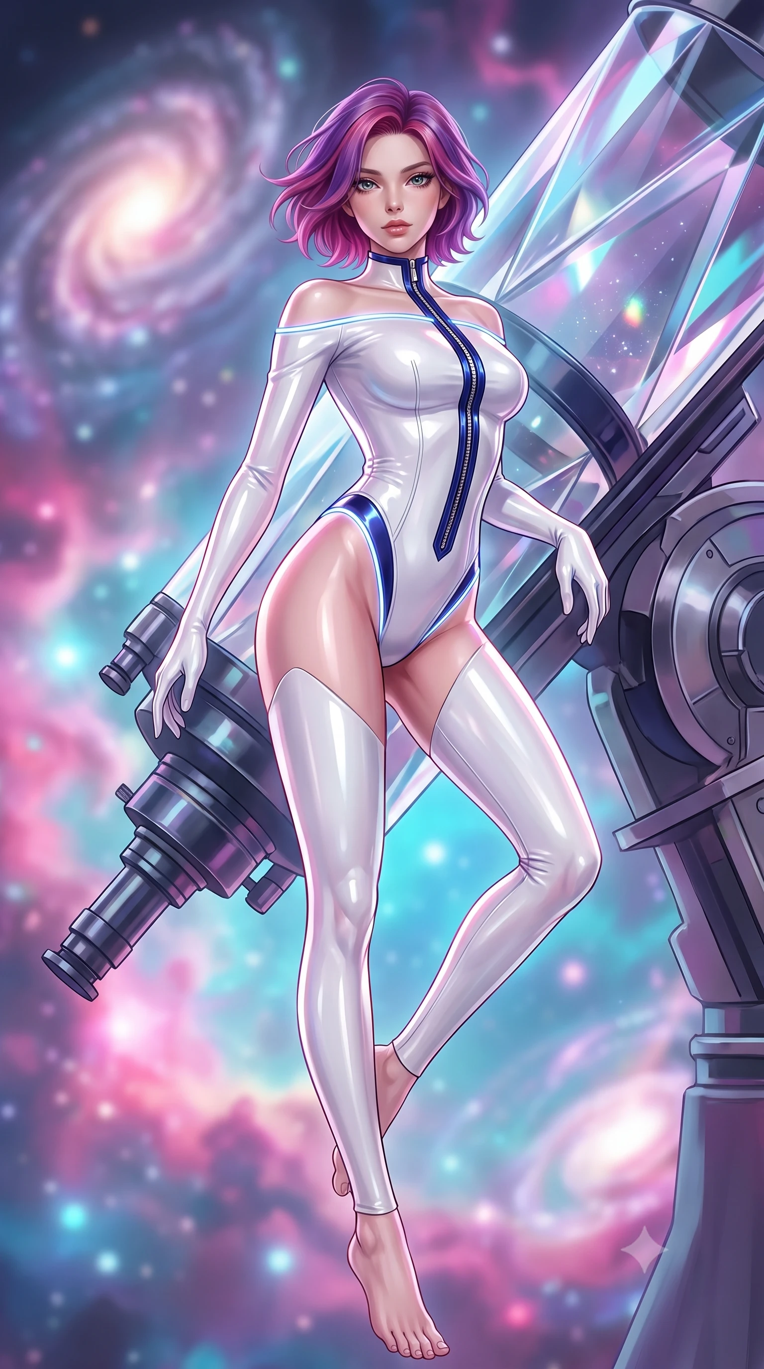 score_9, masterpiece, best quality, ultra-detailed, high-budget anime keyframe, semi-realistic 3D game render, editorial fashion photography, tasteful artistic composition, Caucasian woman. low angle full-body shot from head to toe showing her feet, filling the entire 9:16 vertical frame with her statuesque presence, stretching her vertical silhouette. pivoting dynamically in mid-motion with a breathtakingly alluring posture, displaying her flawless model proportions and ultra-slim waist while leaning against a giant diamond prism telescope with an alluring, celestial gaze looking directly into the camera. The composition keeps background elements in soft focus with creamy bokeh. swirling spiral galaxies and glowing nebula gas clouds blurred into dreamy magenta, cyan, and violet bokeh. She has an absolutely perfect, statuesque 8.5-heads proportion, an exceptionally tall and slender model-like female figure with impossibly long slender legs, a toned flat midriff, and an ultra-slim waist. sharp v-shaped jawline, high-bridge nose, intricate jewel-like eyes with depth, thick eyelashes, glossy lips with a natural sheen, flawlessly proportioned anatomical accuracy, strict slender model proportions, natural body alignment, perfectly sculpted long slender limbs, ultra-slim waistline, clean dynamic posture without body distortion. wearing a glossy white second-skin latex bodysuit with high-thigh cuts, exposed clavicle neckline, and gleaming zipper details in deep royal navy blue and specular chrome, crafted from ultra-reflective second-skin latex with a high-gloss glass-like polish, accented with glowing fiber-optic seams tracing her collarbones and hip curves, the glove-like aerodynamic second-skin fit tightly clinging to her ultra-slender waist and athletic curves without adding bulk, accentuating her razor-sharp statuesque lines and slim hourglass silhouette. surrounded by an awe-inspiring, divine, and radiantly sensual cosmic goddess aura. highly saturated vibrant anime colors, detailed shading with soft gradients, rich glossy textures, high-contrast stereoscopic depth, volumetric dynamic lighting, master piece, 9:16 ratio