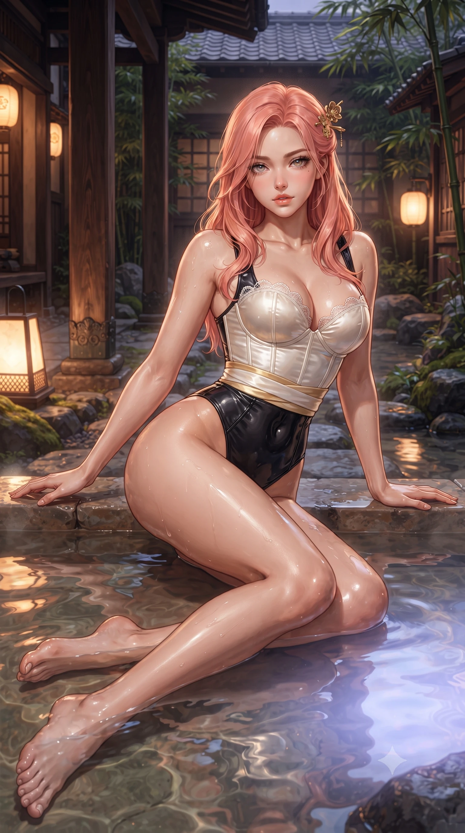 score_9, masterpiece, best quality, ultra-detailed, high-budget anime keyframe, editorial fashion photography, tasteful artistic composition, Japanese woman. low angle full-body shot from head to toe showing her feet, filling the entire 9:16 vertical frame with her statuesque presence, stretching her vertical silhouette. standing tall beside the architectural column, one hand resting high while arching her lower back to emphasize her sculpted feminine hips and slender waist while lounging gracefully in the shallow hot spring propped on one elbow, her statuesque 8.5-heads silhouette radiating intimate Kyoto allure. The surrounding environment is rendered in vivid detail and crisp panoramic clarity: detailed wet-look high-cut monokini cling, gold hairpin shine, and traditional Kyoto courtyard craftsmanship in razor-sharp precision. She has an absolutely perfect, statuesque 8.5-heads proportion, an exceptionally tall and slender model-like female figure with impossibly long slender legs, an ultra-slim waist, a flat toned midriff, narrow delicate ribcage, and beautifully sculpted feminine hips creating a graceful, slim hourglass silhouette without any bulky heaviness. sharp v-shaped jawline, high-bridge nose, sparkling eyes with hypnotic seductive depth, thick curled eyelashes, glossy parted lips with a natural dewy peach sheen, alluring bedroom-eyes with an enchanting coquettish smile, exuding magnetic siren charisma and sophisticated glamour, flawlessly proportioned anatomical accuracy, strict slender model proportions, natural body alignment, perfectly sculpted long slender limbs, ultra-slim waistline, clean dynamic posture without body distortion. wearing a structured boned satin corset bodice with obi-inspired wrap ribbon cinching her ultra-slim waistline in pure alabaster with golden sheen, woven from buttery-soft stretch lambskin leather adhering to her body like a second skin, finished with scalloped eyelash lace trim framing her sweetheart neckline with intimate elegance, the liquid-tight tailored fabric clinging flawlessly to her narrow waist and rounded feminine hips, emphasizing every millimeter of her sculpted slim hourglass curves without any bulky heaviness. bathed in warm underwater thermal tub illumination paired with amber courtyard lantern glow. ultra-reflective glossy finish, specular highlights, rich textural contrasts, high-contrast stereoscopic depth, volumetric dynamic lighting, 2k, ultra detail, master piece, 9:16 ratio