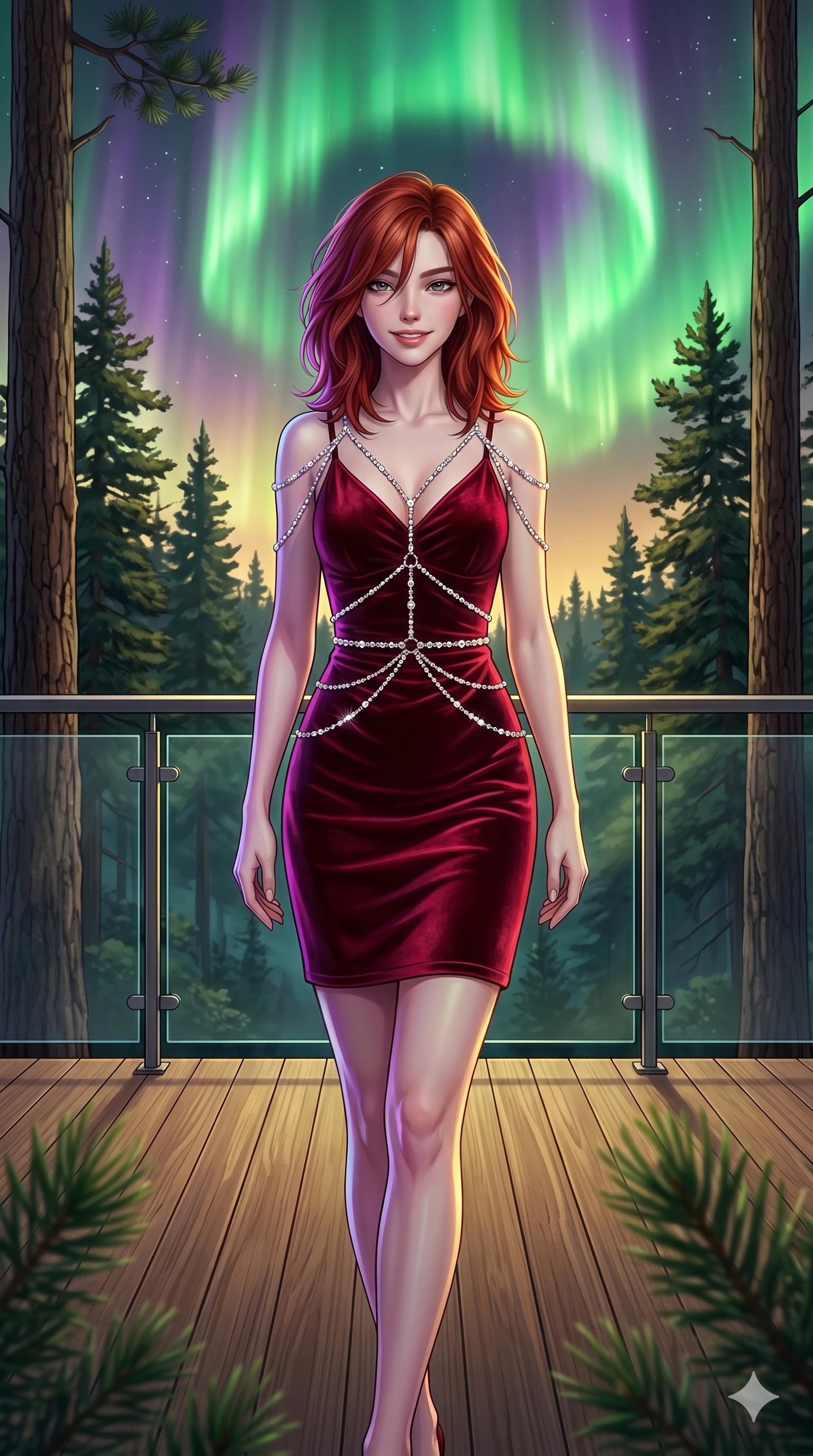 score_9, masterpiece, best quality, ultra-detailed, high-budget anime keyframe, editorial fashion photography, tasteful artistic composition, Korean woman. cowboy shot from the thighs up, character and outfit filling the frame for maximum editorial presence. Smiling with quiet, magnetic self-assurance directly into the camera on a wooden deck overlooking an ancient pine forest under a sky with a giant green aurora. She has an absolutely perfect 8-heads proportion, an exceptionally tall and slender female figure with impossibly long slender legs and an ultra-slim waist. V-shaped jawline, high-bridge nose, intricate jewel-like eyes with depth, thick eyelashes, glossy lips with a natural sheen. wearing a crimson velvet slip dress with a V-neckline, layered under a delicate crystal body harness that traces her waist and shoulders. illuminated by a shifting aurora palette of green, violet, and gold from above, wrapping her in color. 2k, ultra detail, master piece, 9:16 ratio