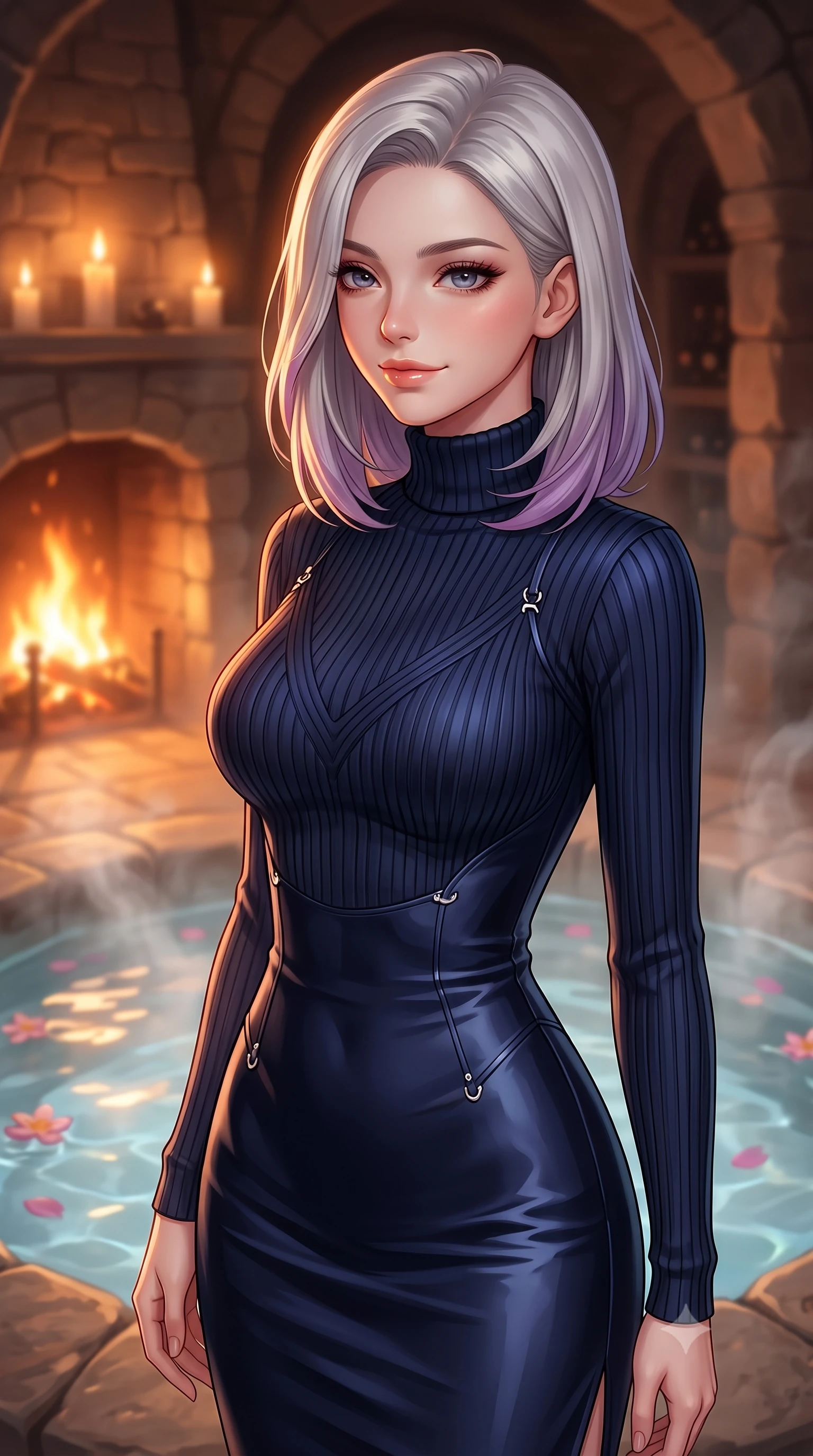 score_9, masterpiece, best quality, ultra-detailed, high-budget anime keyframe, editorial fashion photography, tasteful artistic composition, Caucasian woman. close-up cowboy shot from the waist and thighs up, the character dominates the composition, filling the frame with her large presence, background elements kept in soft focus. gazing past the camera with a dreamy, sensual smile, her face illuminated by warm candlelight set against a soft-focus background of inside an exclusive wine cellar alcove with rising mineral steam and floating flower petals on the clear water surface. She has an exceptionally elegant, slender, and willowy female figure with an ultra-slim waist, a gracefully sculpted slender torso, and a refined silhouette. sharp v-shaped jawline, high-bridge nose, intricate jewel-like eyes with depth, thick eyelashes, glossy lips with a natural sheen. wearing body-hugging midnight navy liquid satin form-fitting ribbed knit turtleneck dress outlining her slender silhouette accented with delicate silver hardware. bathed in cozy, flickering fireplace light that paints the room in a warm orange wash. highly saturated vibrant anime colors, detailed shading with soft gradients, rich glossy textures, high-contrast stereoscopic depth, volumetric dynamic lighting, master piece, 9:16 ratio