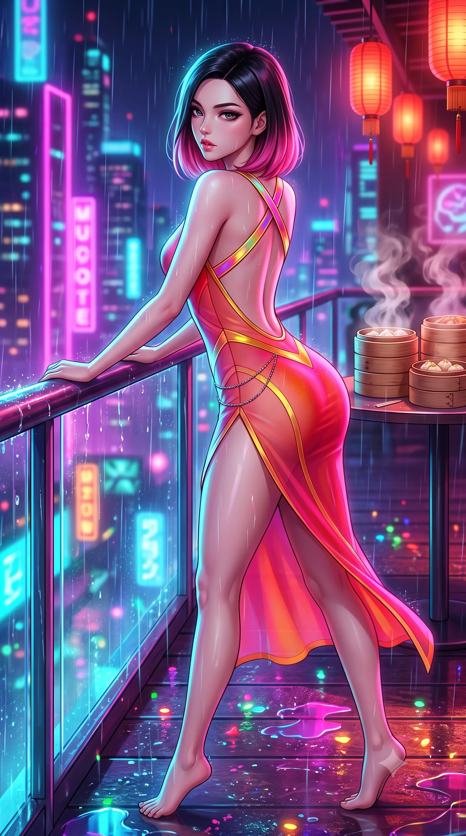score_9, masterpiece, best quality, ultra-detailed, high-budget anime keyframe, semi-realistic 3D game render, editorial fashion photography, tasteful artistic composition, Korean woman. close-up cowboy shot from the waist and thighs up, the character dominates the composition, filling the frame with her large presence. leaning forward against the polished railing with her hips cocked back, creating an intoxicating curve from her narrow waist to sculpted hips as she gazes back into the lens while striding across the neon-drenched rooftop deck as steam curls from dim sum bamboo steamers, her high-slit dress fluttering to reveal her long slender legs. The composition keeps background elements in soft focus with creamy bokeh. falling raindrops and neon puddle reflections scattering vivid chromatic light motes across the deck. She has an exceptionally elegant, slender, and willowy female figure with an ultra-slim waist, a gracefully sculpted slender torso, toned flat midriff, and rounded feminine hips creating an alluring hourglass silhouette. sharp v-shaped jawline, high-bridge nose, intricate jewel-like eyes with depth, thick eyelashes, glossy parted lips with a natural sheen, intensely captivating and seductive bedroom-eyes expression, flawlessly proportioned anatomical accuracy, strict slender model proportions, natural body alignment, perfectly sculpted long slender limbs, ultra-slim waistline, clean dynamic posture without body distortion. wearing a daring open-back neon party dress with crossed holographic straps and bodycon fit in imperial vermilion red and liquid gold, made of sheer contouring power-mesh panels with anatomical curve lines, complemented by a delicate metallic hip chain catching the neon rain caustics, the precision-cut side openings and low-back scoop framing her graceful spine and the sensual sweep of her hips. bathed in vibrant magenta and electric cyan neon light contrasting with warm lantern scarlet downlights. highly saturated vibrant anime colors, detailed shading with soft gradients, rich glossy textures, high-contrast stereoscopic depth, volumetric dynamic lighting, master piece, 9:16 ratio