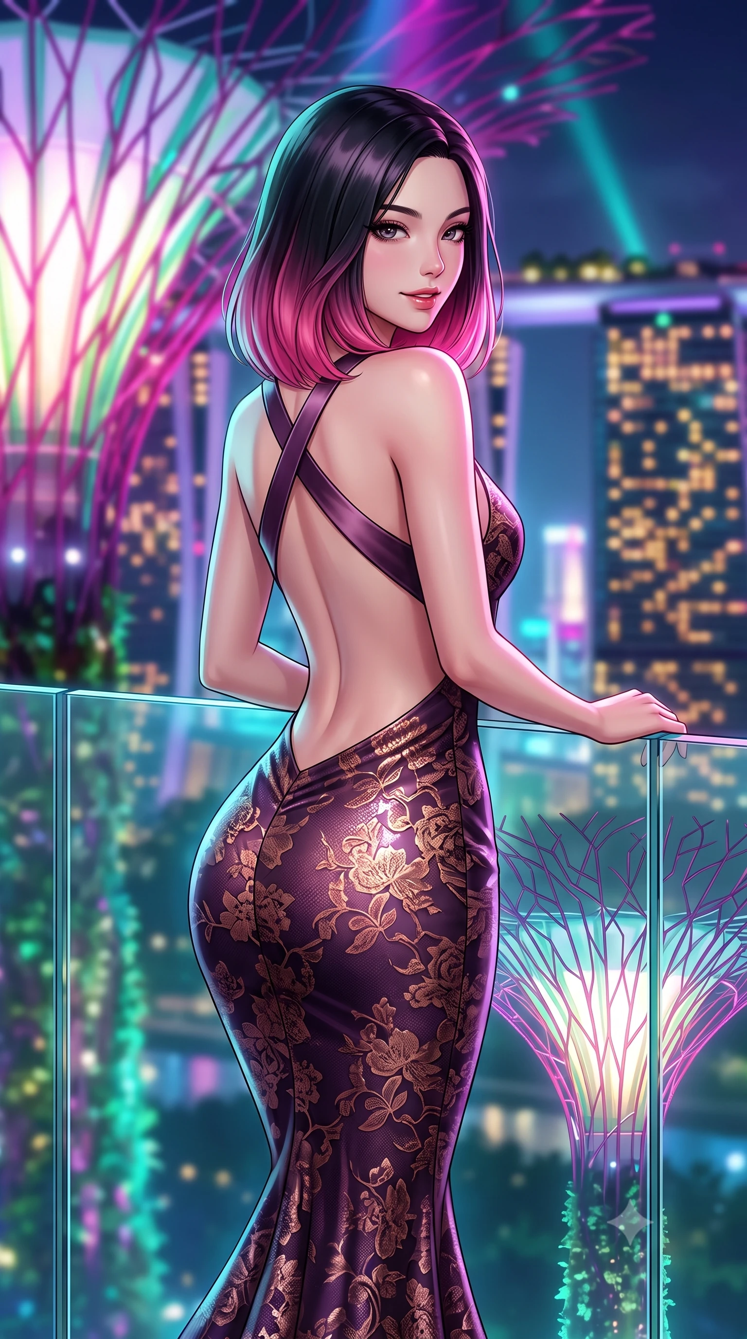 score_9, masterpiece, best quality, ultra-detailed, high-budget anime keyframe, semi-realistic 3D game render, editorial fashion photography, tasteful artistic composition, Korean woman. close-up cowboy shot from the waist and thighs up, the character dominates the composition, filling the frame with her large presence. turning over a bare shoulder with an intoxicating, teasing smile, her soft hair framing her sharp jawline as her hips angle gracefully while leaning forward over the transparent skyway glass railing with hips cocked back, looking back over her shoulder as glowing supertree branches illuminate her curvy hips. The composition keeps background elements in soft focus with creamy bokeh. giant illuminated supertree bio-domes and Marina Bay Sands towers blurred into electric magenta, turquoise, and gold bokeh. She has an exceptionally elegant, slender, and willowy female figure with an ultra-slim waist, flat toned midriff, narrow ribcage, and sculpted feminine hips creating an alluring, slim hourglass silhouette without bulk. sharp v-shaped jawline, high-bridge nose, intricate jewel-like eyes with depth, thick eyelashes, glossy parted lips with a natural sheen, intensely captivating and seductive bedroom-eyes expression, flawlessly proportioned anatomical accuracy, strict slender model proportions, natural body alignment, perfectly sculpted long slender limbs, ultra-slim waistline, clean dynamic posture without body distortion. wearing a sculptured liquid-satin mermaid gown with an architectural open-waist cutout and bare spine in deep plum violet and antique bronze, formed from shimmering floral lace over smooth opaque silk lining, finished with criss-cross back satin straps highlighting her graceful shoulder blades, the form-contouring material adhering flawlessly to her sculpted flat midriff and slender torso, emphasizing her long leg lines and perfectly proportioned willowy build. bathed in dynamic color-shifting LED canopy lights from above and ambient city skyline uplights. highly saturated vibrant anime colors, detailed shading with soft gradients, rich glossy textures, high-contrast stereoscopic depth, volumetric dynamic lighting, master piece, 9:16 ratio