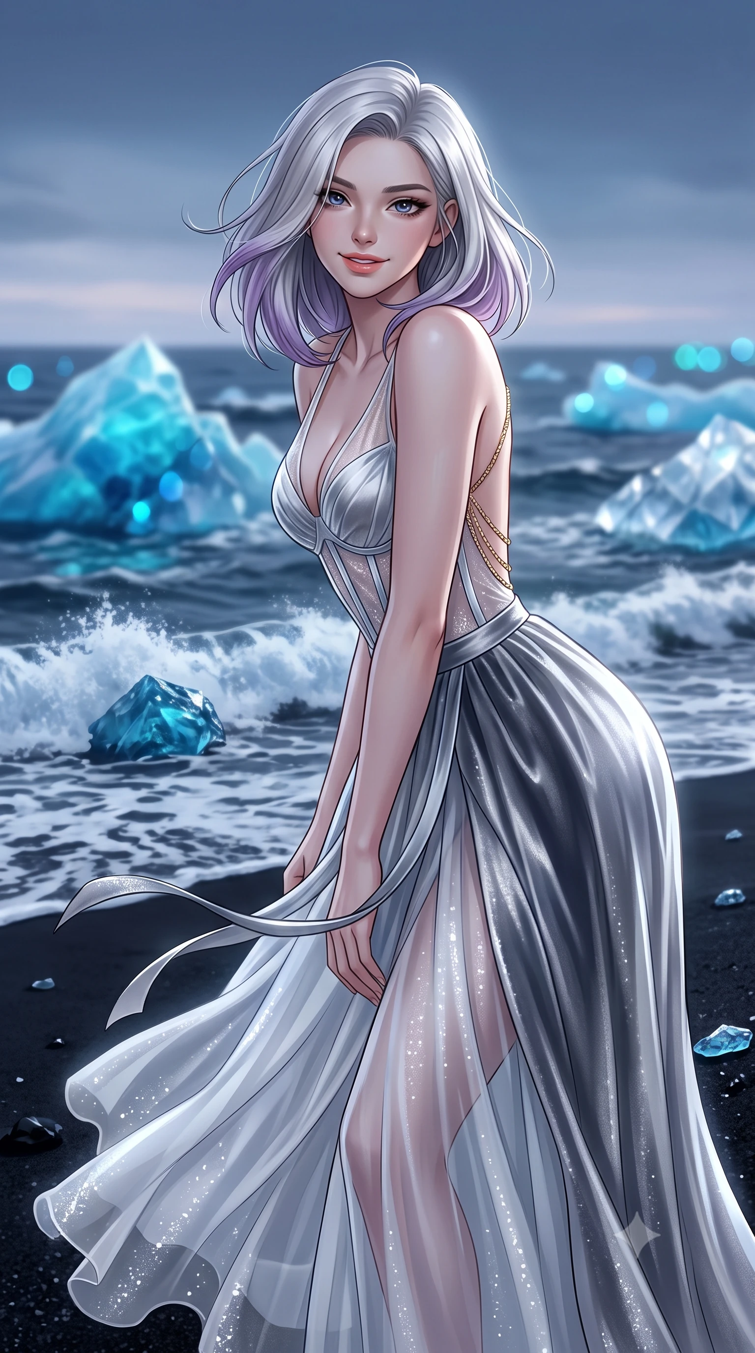 score_9, masterpiece, best quality, ultra-detailed, high-budget anime keyframe, editorial fashion photography, tasteful artistic composition, Caucasian woman. close-up cowboy shot from the waist and thighs up, the character dominates the composition, filling the frame with her large presence. leaning forward while arching her lower back to accentuate her curvy hips, looking into the camera with an intoxicating smoldering gaze and bedroom-eyes while twisting her slender torso in an alluring contrapposto stance on the obsidian shore, blue glacial light and twilight skies tracing her narrow waist and hips. The background shows a soft-focus colossal gemstone-like blue and diamond icebergs scattered on black volcanic sand, crashing Atlantic surf, and pastel twilight sky blurred into diamond, cyan, and sapphire bokeh. She has an exceptionally elegant, slender, and willowy female figure with an ultra-slim waist, flat toned midriff, narrow ribcage, and sculpted feminine hips creating an alluring, slim hourglass silhouette without bulk. sharp v-shaped jawline, high-bridge nose, intricate jewel-like sparkling eyes with depth, thick eyelashes, glossy parted lips with a natural peach sheen, bright cheerful beaming smile with an enchanting and coquettish sensual glint, exuding both youthful cute charm and seductive allure, flawlessly proportioned anatomical accuracy, strict slender model proportions, natural body alignment, perfectly sculpted long slender limbs, ultra-slim waistline, clean dynamic posture without body distortion. wearing a provocative translucent mesh corset bodice with boned satin channels paired with a sheer chiffon wrap maxi skirt in pure translucent crystal white and liquid platinum, tailored from ultra-plush silk velvet with rich tactile depth and deep shadow gradients, accented with an open-back drape framed by falling strands of delicate gold chains, the impeccably tailored cut draping gracefully along her slender figure with aristocratic poise. bathed in the crisp 5500K silver twilight luminance reflecting through transparent blue glacial ice sculptures. ultra-reflective glossy finish, specular highlights, rich textural contrasts, high-contrast stereoscopic depth, volumetric dynamic lighting, 2k, ultra detail, master piece, 9:16 ratio