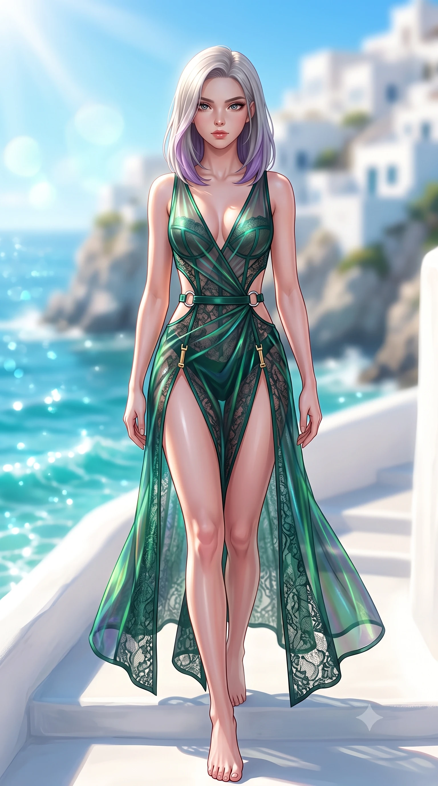 score_9, masterpiece, best quality, ultra-detailed, high-budget anime keyframe, semi-realistic 3D game render, editorial fashion photography, tasteful artistic composition, Caucasian woman. low angle full-body shot from head to toe showing her feet, filling the entire 9:16 vertical frame with her statuesque presence, stretching her vertical silhouette. striding forward in a proud, statuesque motion with a dangerous smolder, her vertical silhouette dominating the frame from head to toe while pivoting dynamically on white caldera steps with a breathtaking view of the sparkling sunlit Mediterranean sea. The composition keeps background elements in soft focus with creamy bokeh. sparkling turquoise sea waves and white cliffside architecture blurred into creamy, sun-drenched azure bokeh. She has an absolutely perfect, statuesque 8.5-heads proportion, an exceptionally tall and slender model-like female figure with impossibly long slender legs, a toned flat midriff, and an ultra-slim waist. sharp v-shaped jawline, high-bridge nose, intricate jewel-like eyes with depth, thick eyelashes, glossy lips with a natural sheen, flawlessly proportioned anatomical accuracy, strict slender model proportions, natural body alignment, perfectly sculpted long slender limbs, ultra-slim waistline, clean dynamic posture without body distortion. wearing a translucent iridescent organza wrap dress with structured bustier boning, plunging neckline, and high-cut dual leg slits in bright emerald green satin and gold hardware, crafted from delicate dark lace interwoven with luminescent micro-fibers, detailed with polished silver rings connecting the daring side-waist cutouts, the form-contouring material adhering flawlessly to her sculpted flat midriff and slender torso, emphasizing her long leg lines and perfectly proportioned willowy build. bathed in brilliant Mediterranean sunlight and glittering turquoise pool water caustics. highly saturated vibrant anime colors, detailed shading with soft gradients, rich glossy textures, high-contrast stereoscopic depth, volumetric dynamic lighting, master piece, 9:16 ratio