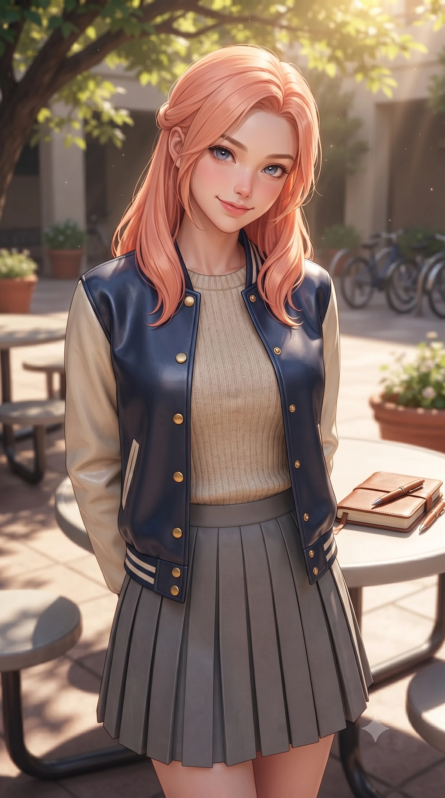 score_9, masterpiece, best quality, ultra-detailed, high-budget anime keyframe, editorial fashion photography, tasteful artistic composition, Japanese woman. close-up cowboy shot from the waist and thighs up, the character dominates the composition, filling the frame with her large presence, background elements kept in soft focus. tilting her chin down slightly, looking up at the viewer with a sweet, charming smile set against a soft-focus background of in a sunlit campus courtyard filled with student tables, potted plants, and bicycle racks holding a leather-bound journal and a matching pen. She has an exceptionally elegant, slender, and willowy female figure with an ultra-slim waist, a gracefully sculpted slender torso, and a refined silhouette. sharp v-shaped jawline, high-bridge nose, intricate jewel-like eyes with depth, thick eyelashes, glossy lips with a natural sheen. wearing tailored casual preppy varsity jacket in navy, worn over an oatmeal tee and a pleated grey midi skirt. warm morning sunbeams filtering through the leafy tree canopy. ultra-reflective glossy finish, specular highlights, metallic sheen, high-contrast stereoscopic depth, volumetric dynamic lighting, 2k, ultra detail, master piece, 9:16 ratio