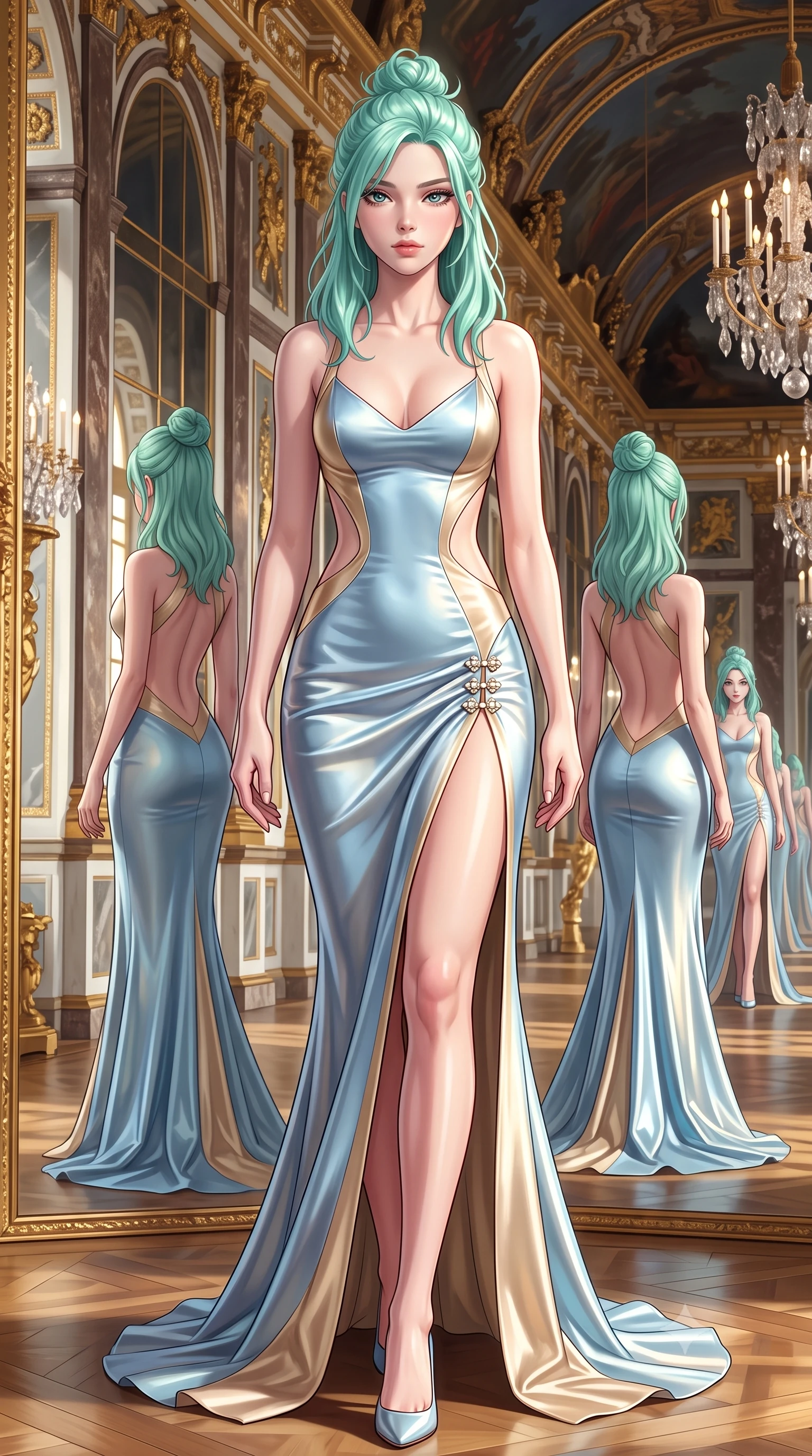 score_9, masterpiece, best quality, ultra-detailed, high-budget anime keyframe, semi-realistic 3D game render, editorial fashion photography, tasteful artistic composition, Japanese woman. low angle full-body shot from head to toe showing her feet, filling the entire 9:16 vertical frame with her statuesque presence, stretching her vertical silhouette. striding forward in a proud supermodel runway stride, hips swaying in an alluring kinetic rhythm that accentuates her curvy hourglass silhouette while gliding down the mirror-lined corridor with supermodel momentum, pivoting gracefully as infinite reflections multiply her curvy silhouette. The surrounding environment is rendered in vivid detail and crisp panoramic clarity. opulent neoclassical chiaroscuro and decadent French palace grandeur rendered with environmental sharpness. She has an absolutely perfect, statuesque 8.5-heads proportion, an exceptionally tall and slender model-like female figure with impossibly long slender legs, a toned flat midriff, an ultra-slim waist, and beautifully sculpted feminine hips. sharp v-shaped jawline, high-bridge nose, intricate jewel-like eyes with depth, thick eyelashes, glossy parted lips with a natural sheen, intensely captivating and seductive bedroom-eyes expression, flawlessly proportioned anatomical accuracy, strict slender model proportions, natural body alignment, perfectly sculpted long slender limbs, ultra-slim waistline, clean dynamic posture without body distortion. wearing a sculptured liquid-satin mermaid gown with an architectural open-waist cutout and bare spine in powder blue and shimmering champagne gold, crafted from second-skin supple lambskin leather with specular sheen, finished with an ultra-high side slit secured by miniature rococo pearl clasps, the dramatically scooped open back descending to the base of her spine, accentuating her razor-sharp statuesque lines and curvy hourglass silhouette. surrounded by an aristocratic, scandalous, and breathlessly mesmerizing imperial duchess aura. highly saturated vibrant anime colors, detailed shading with soft gradients, rich glossy textures, high-contrast stereoscopic depth, volumetric dynamic lighting, master piece, 9:16 ratio
