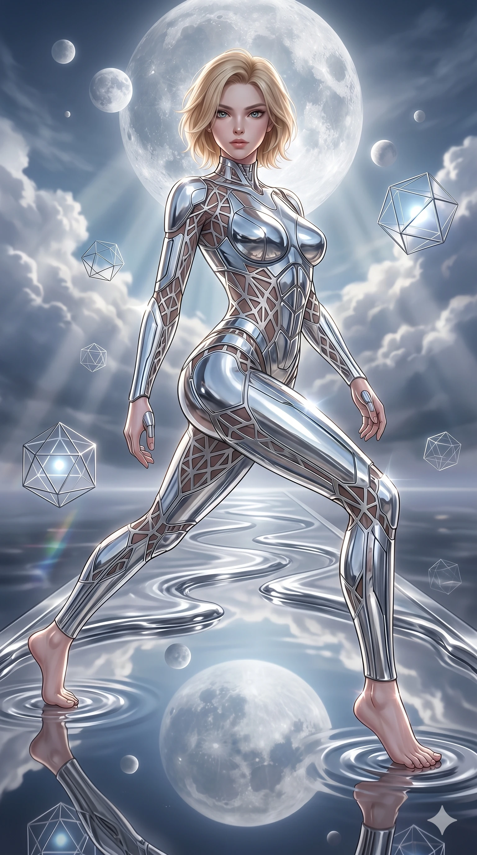score_9, masterpiece, best quality, ultra-detailed, high-budget anime keyframe, editorial fashion photography, tasteful artistic composition, Caucasian woman, strictly human ears. low angle full-body shot from head to toe showing her feet, filling the entire 9:16 vertical frame with her statuesque presence, stretching her vertical silhouette. lunging forward near on a runway of liquid mercury reflecting a sky filled with multiple moons while floating geometrical wireframes rotate and pulse in synch. She has an absolutely perfect 8-heads proportion, an exceptionally tall and slender female figure with impossibly long slender legs and an ultra-slim waist. V-shaped jawline, high-bridge nose, intricate jewel-like eyes with depth, thick eyelashes, glossy lips with a natural sheen.. wearing a bionic chrome plate bodysuit, featuring silver chrome plates covering the torso and hips, connected by opaque geometric lattice panels. bathed in dramatic god rays filtering through clouds with high specular highlights along her silhouette. 2k, ultra detail, master piece, 9:16 ratio