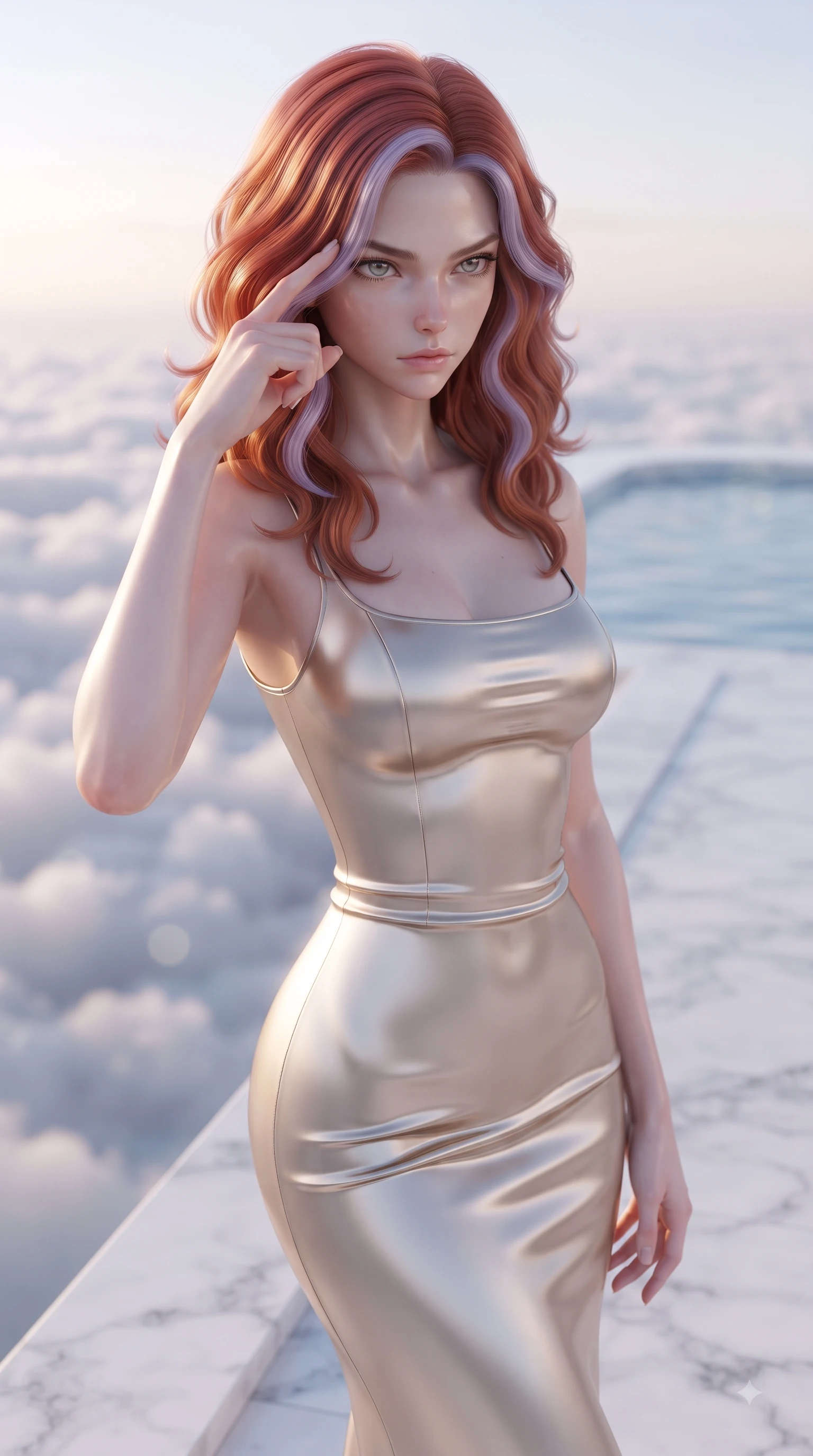 score_9, masterpiece, best quality, ultra-detailed, high-budget anime keyframe, editorial fashion photography, tasteful artistic composition, Caucasian woman woman. close-up cowboy shot from the waist and thighs up, the character dominates the composition, filling the frame with her large presence, background elements kept in soft focus. She has an exceptionally elegant, slender, and willowy female figure with an ultra-slim waist, a gracefully sculpted slender torso, and a refined silhouette. pressing two fingers to her temple in a composed gesture, gazing past the camera with sharp focus, flawlessly proportioned anatomical accuracy, natural body alignment, perfectly sculpted elegant limbs, clean dynamic posture without body distortion. set against a soft-focus background of a white marble terrace pool above a sea of clouds. wearing a sculpted champagne satin bodycon gown following her slender silhouette like liquid metal. bathed in soft pastel dawn light reflecting off clear water onto her refined features. ultra-reflective glossy finish, specular highlights, metallic sheen, high-contrast stereoscopic depth, volumetric dynamic lighting, 2k, ultra detail, master piece, 9:16 ratio