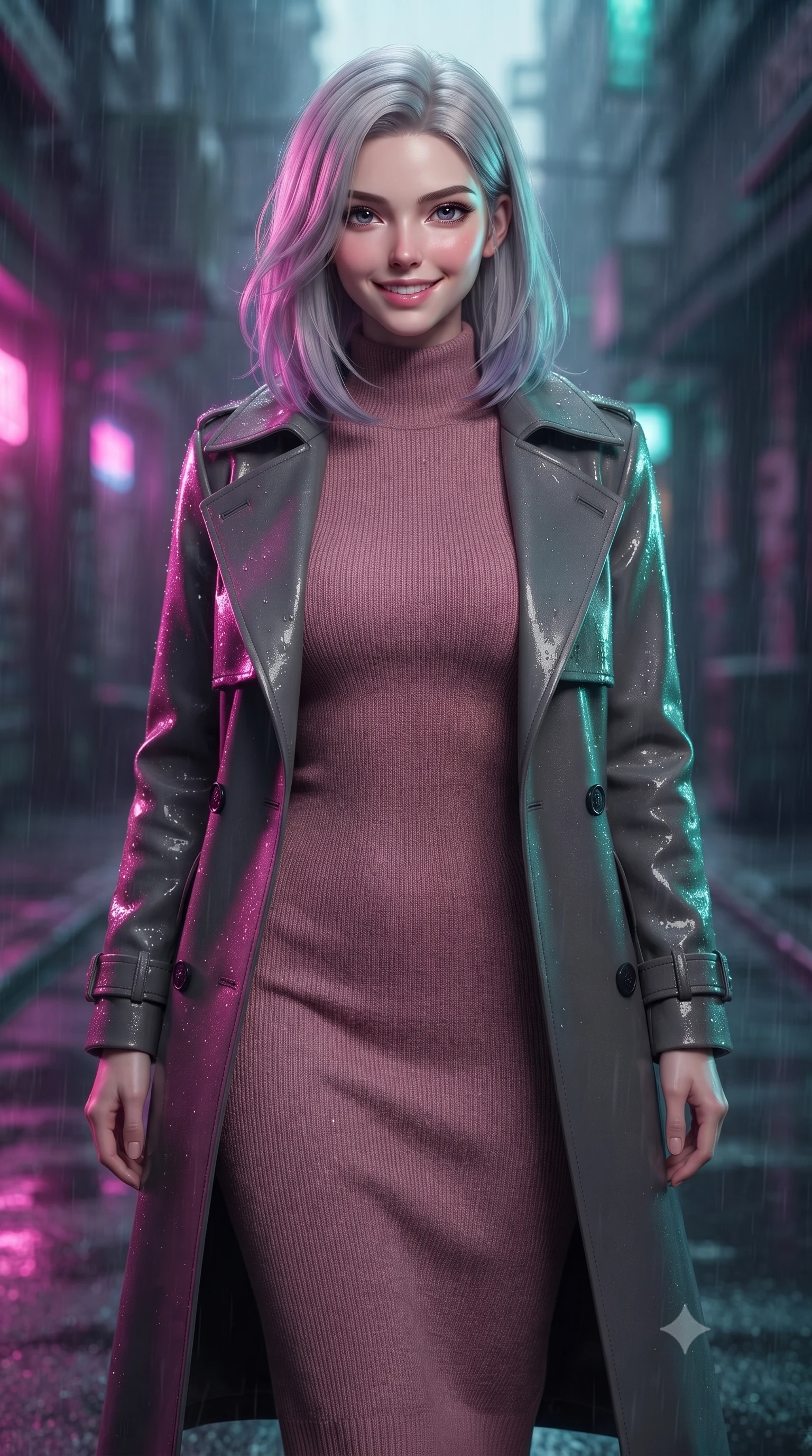 score_9, masterpiece, best quality, ultra-detailed, high-budget anime keyframe, editorial fashion photography, tasteful artistic composition, Caucasian woman woman. close-up cowboy shot from the waist and thighs up, the character dominates the composition, filling the frame with her large presence, background elements kept in soft focus. She has an exceptionally elegant, slender, and willowy female figure with an ultra-slim waist, a gracefully sculpted slender torso, and a refined silhouette. smiling with quiet, magnetic self-assurance directly into the camera lens, flawlessly proportioned anatomical accuracy, natural body alignment, perfectly sculpted elegant limbs, clean dynamic posture without body distortion. set against a soft-focus background of a cyberpunk alley with wet asphalt reflecting rain. wearing a classic tailored trench coat over a high-neck dusty rose knit midi dress. drenched in wet neon reflections of magenta and turquoise casting glossy specular highlights. ultra-reflective glossy finish, specular highlights, metallic sheen, high-contrast stereoscopic depth, volumetric dynamic lighting, 2k, ultra detail, master piece, 9:16 ratio