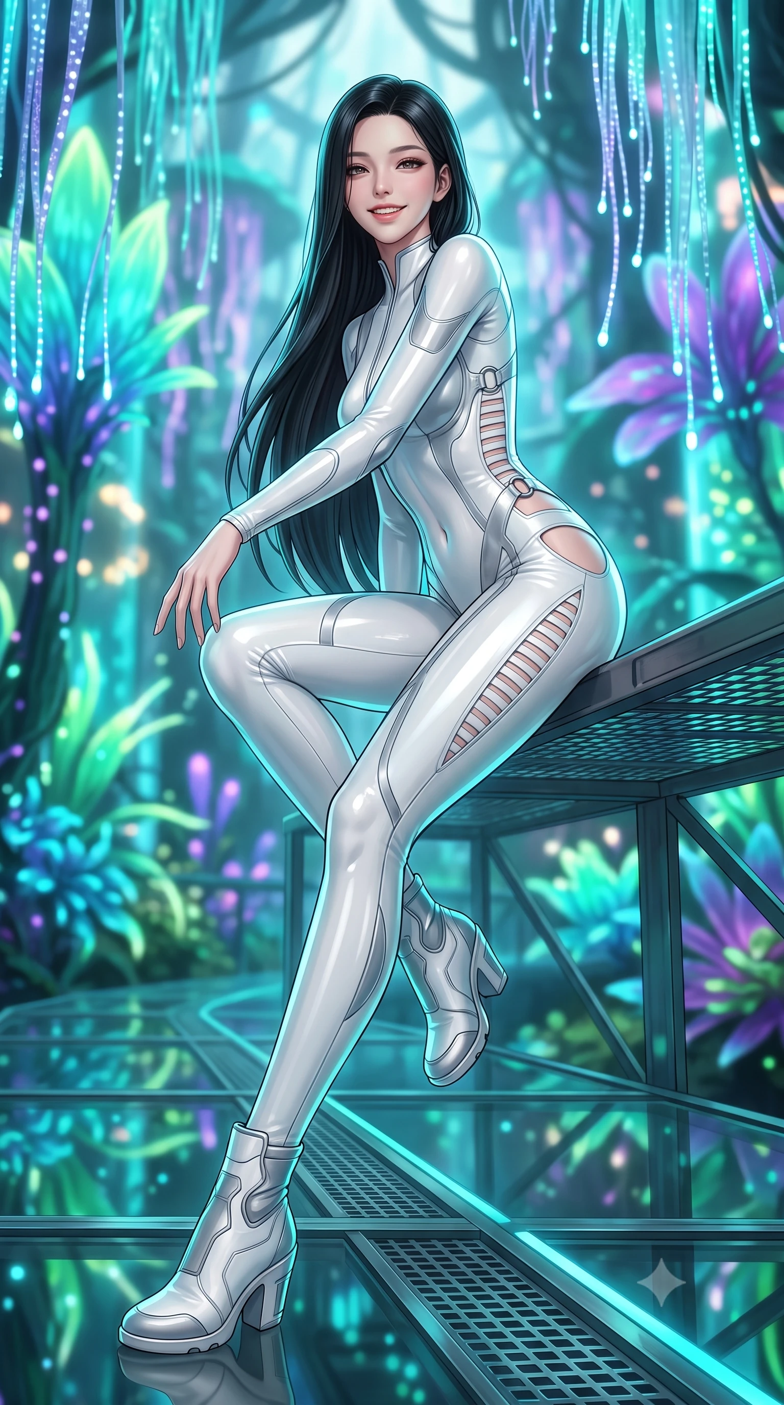 score_9, masterpiece, best quality, ultra-detailed, high-budget anime keyframe, semi-realistic 3D game render, editorial fashion photography, tasteful artistic composition, Korean woman. low angle full-body shot from head to toe showing her feet, filling the entire 9:16 vertical frame with her statuesque presence, stretching her vertical silhouette. sitting perched on the elevated maintenance gantry edge with legs crossed and hips angled toward the camera, displaying her toned midriff and long slender limbs with joyful, coquettish charm while walking slowly down the glass catwalk surrounded by towering glowing neon flora, arching her back with an ethereal, sovereign expression. The background shows a soft-focus cascading bioluminescent tendrils and towering alien lotus blossoms blurred into vibrant turquoise, jade, and ultraviolet bokeh. She has an absolutely perfect, statuesque 8.5-heads proportion, an exceptionally tall and slender model-like female figure with impossibly long slender legs, an ultra-slim waist, a flat toned midriff, narrow delicate ribcage, and beautifully sculpted feminine hips creating a graceful, slim hourglass silhouette without any bulky heaviness. sharp v-shaped jawline, high-bridge nose, intricate jewel-like sparkling eyes with depth, thick eyelashes, glossy parted lips with a natural sheen, bright confident smile with an enchanting and coquettish sensual glint, exuding both youthful magnetic charm and sovereign high-tech allure, flawlessly proportioned anatomical accuracy, strict slender model proportions, natural body alignment, perfectly sculpted long slender limbs, ultra-slim waistline, clean dynamic posture without body distortion. wearing a high-performance speeder pilot catsuit with ergonomic silicone grip lines and strategic hip cutouts in pure alabaster white and brushed silver accents, tailored from ultra-reflective glossy liquid vinyl with mirror-like specular highlights, finished with sharp laser-cut side ventilation slits framed by silver hardware rings, the aerodynamic second-skin silhouette tightly following the natural contour of her hips and long slender legs with youthful 8.5-heads elegance. illuminated by nutrient tank glows and sharp cyan rim lights defining her sculpted collarbones, ultra-slim waist, and curvy hips. highly saturated vibrant anime colors, detailed shading with soft gradients, rich glossy textures, high-contrast stereoscopic depth, volumetric dynamic lighting, master piece, 9:16 ratio