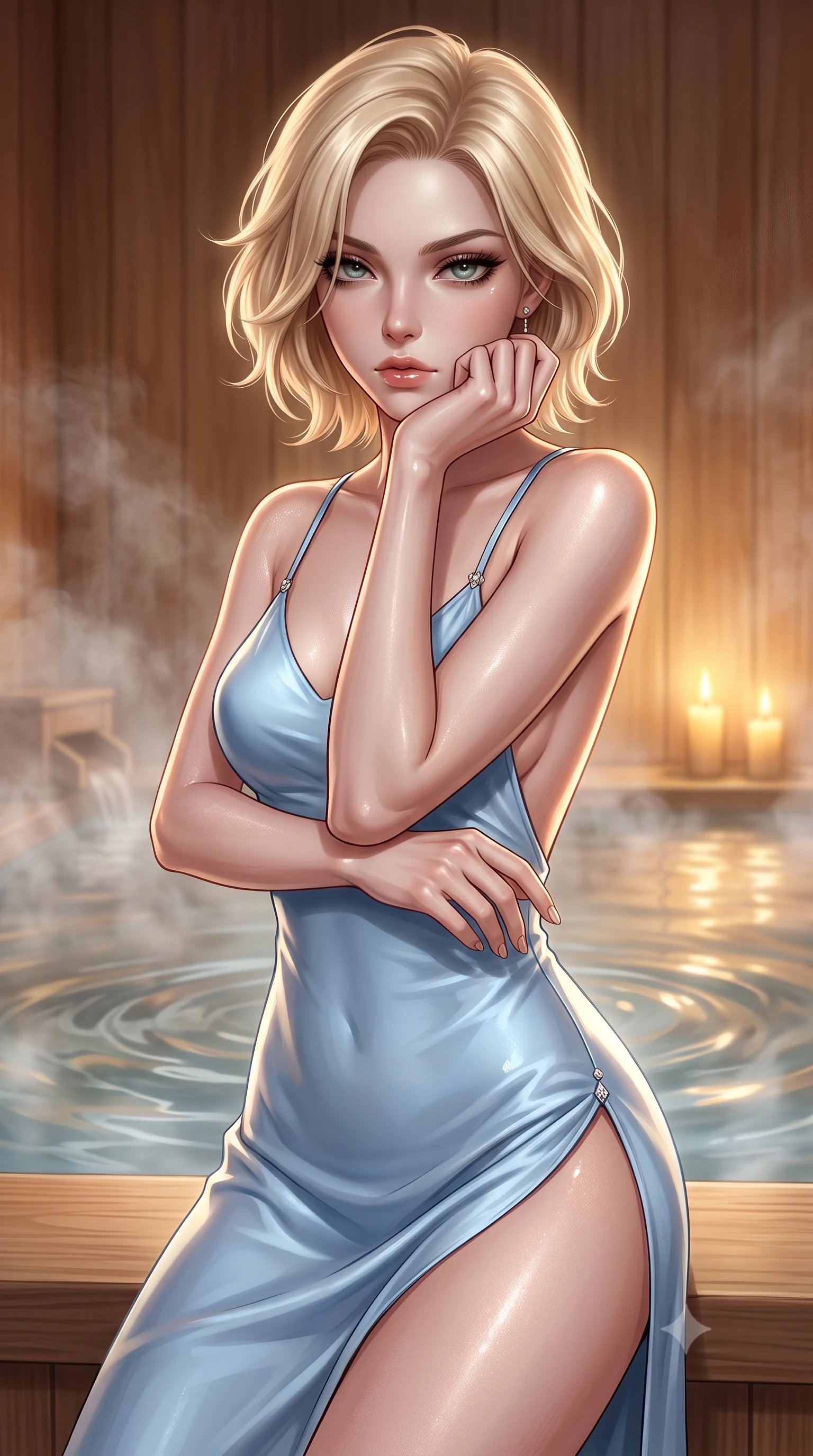 score_9, masterpiece, best quality, ultra-detailed, high-budget anime keyframe, editorial fashion photography, tasteful artistic composition, Caucasian woman. close-up cowboy shot from the waist and thighs up, the character dominates the composition, filling the frame with her large presence, background elements kept in soft focus. resting her chin on the backs of her fingers, casting a heavy-lidded, sultry look past the camera the background shows a soft-focus an intimate traditional bath chamber built of cypress wood (hinoki) with rising steam. She has an exceptionally elegant, slender, and willowy female figure with an ultra-slim waist, a gracefully sculpted slender torso, and a refined silhouette. sharp v-shaped jawline, high-bridge nose, intricate jewel-like eyes with depth, thick eyelashes, glossy lips with a natural sheen. wearing a tailored lightweight silk slip dress in baby blue with a high side slit and a low-cut back. warm candle stands casting a soft golden glow onto the water surface. ultra-reflective glossy finish, specular highlights, metallic sheen, high-contrast stereoscopic depth, volumetric dynamic lighting, 2k, ultra detail, master piece, 9:16 ratio