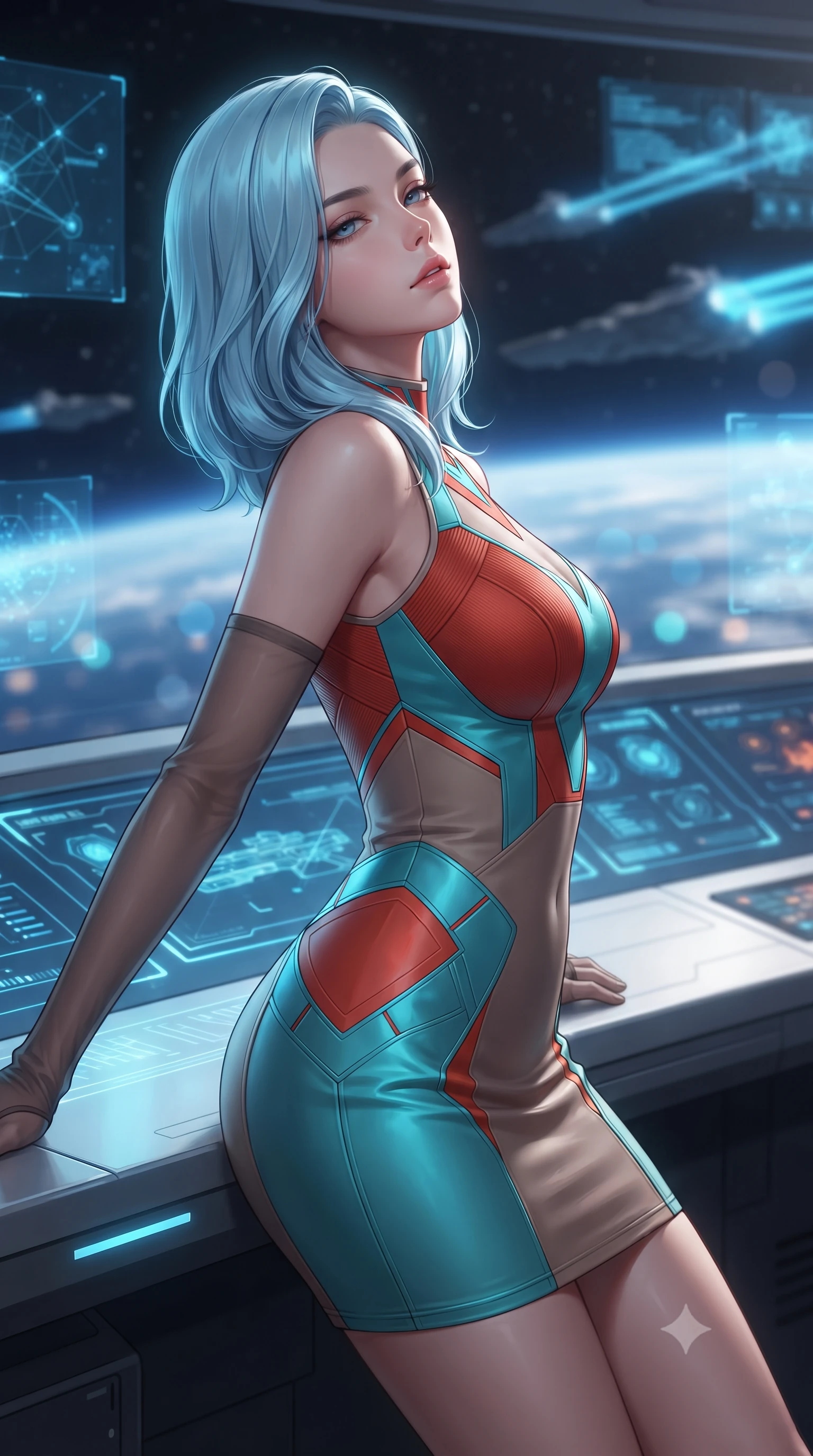score_9, masterpiece, best quality, ultra-detailed, high-budget anime keyframe, editorial fashion photography, tasteful artistic composition, Korean woman. close-up cowboy shot from the waist and thighs up, the character dominates the composition, filling the frame with her large presence. leaning back against the balustrade with relaxed seductive grace, head tilted back slightly while casting a hypnotic, heavy-lidded gaze while leaning against the glowing holographic tactical plot console with hips cocked back, looking through the forward viewport at drifting battlecruisers with smoldering bedroom-eyes. The background shows a soft-focus floating holographic tactical star maps, glowing blue ion engine ribbons of massive dreadnoughts, and curved Earth horizon blurred into cobalt, diamond, and cyan bokeh. She has an exceptionally elegant, slender, and willowy female figure with an ultra-slim waist, flat toned midriff, narrow ribcage, and sculpted feminine hips creating an alluring, slim hourglass silhouette without bulk. sharp v-shaped jawline, high-bridge nose, intricate jewel-like sparkling eyes with depth, thick eyelashes, glossy parted lips with a natural peach sheen, bright cheerful beaming smile with an enchanting and coquettish sensual glint, exuding both youthful cute charm and seductive allure, flawlessly proportioned anatomical accuracy, strict slender model proportions, natural body alignment, perfectly sculpted long slender limbs, ultra-slim waistline, clean dynamic posture without body distortion. wearing a dense bandage-knit tactical officer dress with subtle geometric chest accents contouring her delicate ribcage and feminine hips in cyber-shinto vermilion and laser turquoise, crafted from fluid liquid silk satin that clings smoothly to her narrow waist and rounded hips with a dewy sheen, complemented by sheer opera-length evening gloves tracing her slender arms, the second-skin tailored fabric adhering flawlessly to her sculpted flat midriff and slender torso, emphasizing her long leg lines and perfectly proportioned willowy build. illuminated by Earth albedo reflection bounce and sharp ion-cyan rim lights sculpting her razor-sharp jawline, narrow waist, and curvy hips. ultra-reflective glossy finish, specular highlights, rich textural contrasts, high-contrast stereoscopic depth, volumetric dynamic lighting, 2k, ultra detail, master piece, 9:16 ratio