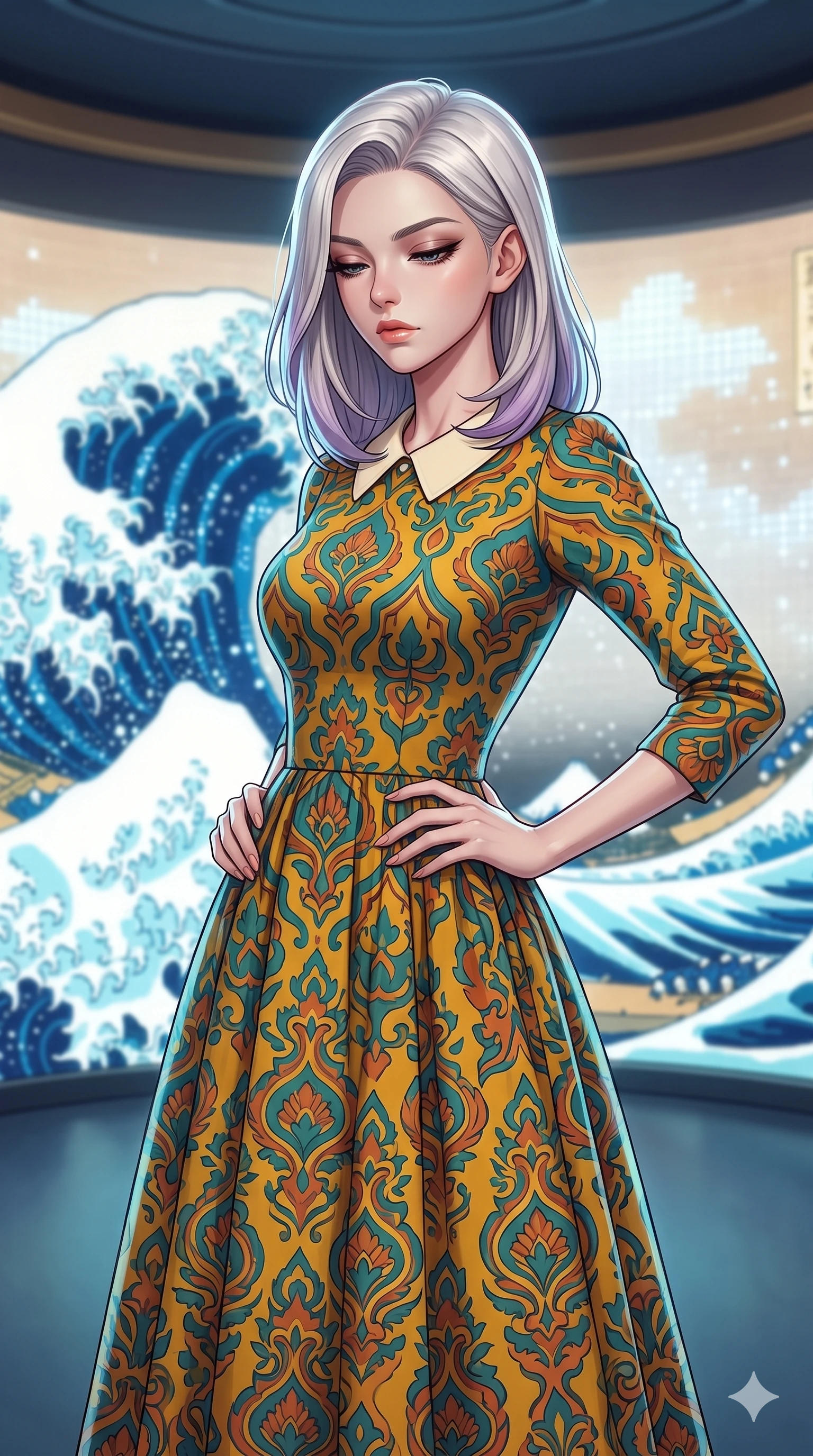 score_9, masterpiece, best quality, ultra-detailed, high-budget anime keyframe, editorial fashion photography, tasteful artistic composition, Caucasian woman, strictly human ears. close-up cowboy shot from the waist and thighs up, the character dominates the composition, filling the frame with her large presence, background elements kept in soft focus. Looking down with lowered lashes and a composed powerful expression. set against a soft-focus background of inside a circular room where a massive rendition of Hokusai's Great Wave is rendered in luminous digital pixels that crash reform and cycle endlessly around the curved walls in perpetual motion. She has an exceptionally elegant and slender, willowy female figure with an ultra-slim waist, a gracefully sculpted slender torso, and a refined slim physique. sharp v-shaped jawline, high-bridge nose, intricate jewel-like eyes with depth, thick eyelashes, glossy lips with a natural sheen. wearing a vintage-inspired tea-length dress in a vibrant retro pattern of mustard, teal, and terracotta, featuring a neat cream collar. cool ocean blue and white digital pixel glow from the wave with warm touches of the traditional ukiyo-e palette of indigo cream and touches of gold. 2k, ultra detail, master piece, 9:16 ratio