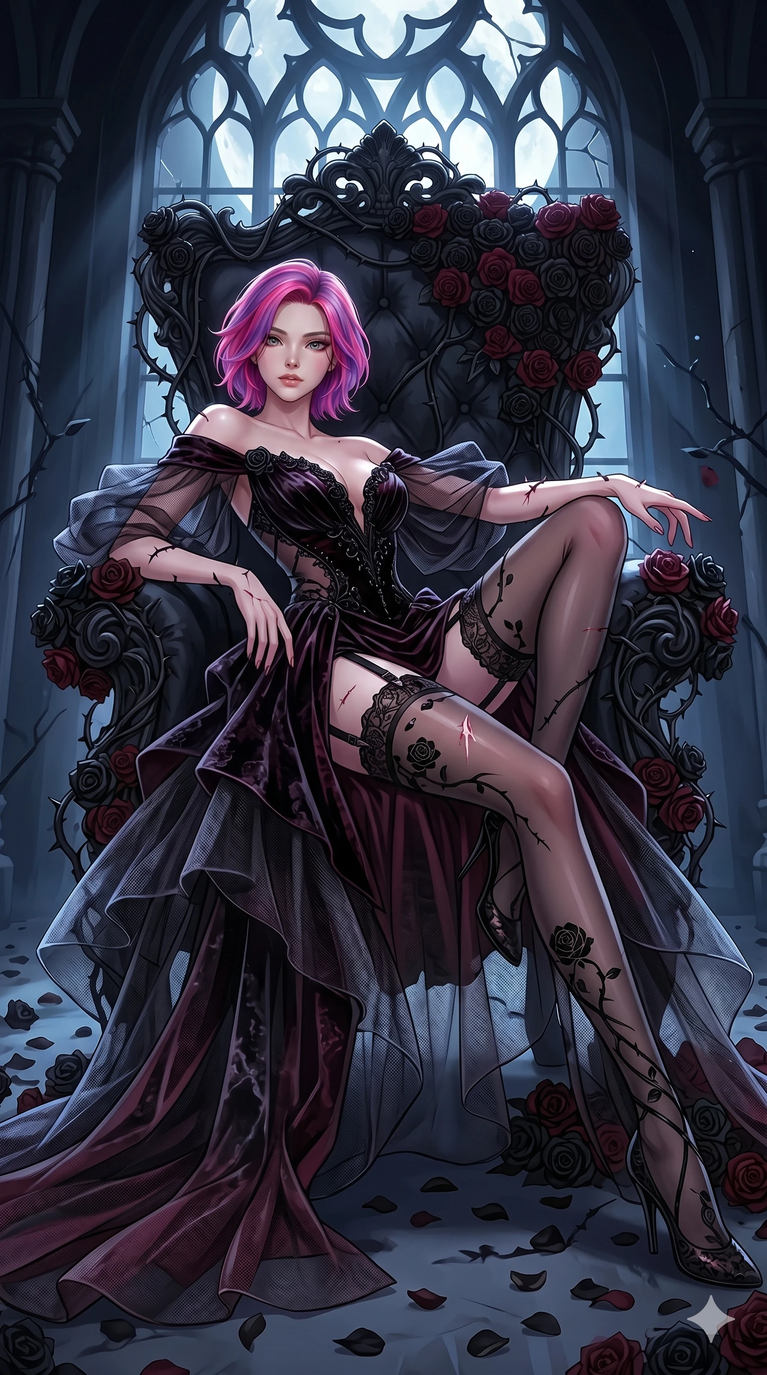 score_9, masterpiece, best quality, ultra-detailed, High-budget Anime Keyframe, East Asian woman. Dynamic full-body shot stretching the vertical silhouette to the limit. Scenario 180: Resting on a throne of black roses, thorns grazing her skin. Her presence is magnetic and overpowering in this high-budget anime scene. Outfit 180: A crushed dark velvet garter with a low-cut shoulder and translucent layers. The clothing is designed to emphasize her exceptionally tall and slender 8-heads proportion. 8-heads proportion, towering silhouette, ultra-slim waist. sharp v-shaped jawline, intricate jewel-like eyes with depth, thick eyelashes, glossy lips. 2k, ultra detail, master piece, 9:16 ratio
