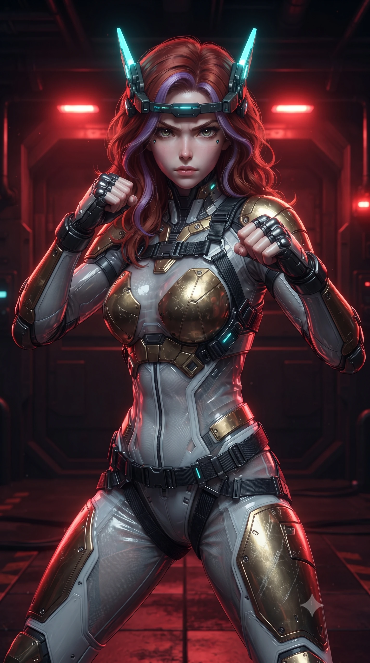 score_9, masterpiece, best quality, ultra-detailed, high-budget anime keyframe, editorial fashion photography, tasteful artistic composition, Caucasian woman. close-up cowboy shot from the waist and thighs up, the character dominates the composition, filling the frame with her large presence. in a razor-sharp Panzer Kunst fighting guard with raised fists, captivating jewel-like eyes locked onto the viewer with fierce, resolute determination while breaching the blast doors of a fortified underground bunker as pulsating red radioactive hazard beacons wash over her sculpted cuirass. The surrounding environment is rendered in vivid detail and crisp panoramic clarity. intricate carbon-titanium armor hinges, steam condensation beads, and emergency siren LEDs in high clarity. She has an exceptionally elegant, slender, and willowy female figure with an ultra-slim waist, a gracefully sculpted slender torso, toned flat midriff, and a refined slim silhouette. sharp v-shaped jawline, high-bridge nose, intricate jewel-like eyes with depth, thick eyelashes, glossy lips with a natural sheen, fierce and resolute heroine expression, flawlessly proportioned anatomical accuracy, strict slender model proportions, natural body alignment, perfectly sculpted long slender limbs, ultra-slim waistline, clean dynamic posture without body distortion. wearing a lightweight carbon-fiber tactical sensory headpiece with glowing cyan ear-antennae and an ultra-thin forehead HUD brow-band, paired with a tailored tactical combat jumpsuit with an open-back harness design, reinforced composite breastplate, and high-mobility elbow dampers in arctic white carbon composite with scratched solar gold armor plating, crafted from semi-translucent cybernetic carbon-vinyl interwoven with glowing micro-filaments, reinforced by a heavy-duty titanium tactical harness and glowing micro-energy status straps, the form-contouring material adhering flawlessly to her sculpted flat midriff and slender torso, emphasizing her long leg lines and perfectly proportioned willowy build. surrounded by an unstoppable, royal, and fiercely triumphant lone survivor empress aura. ultra-reflective glossy finish, specular highlights, dark metallic sheen, high-contrast stereoscopic depth, volumetric dynamic lighting, 2k, ultra detail, master piece, 9:16 ratio