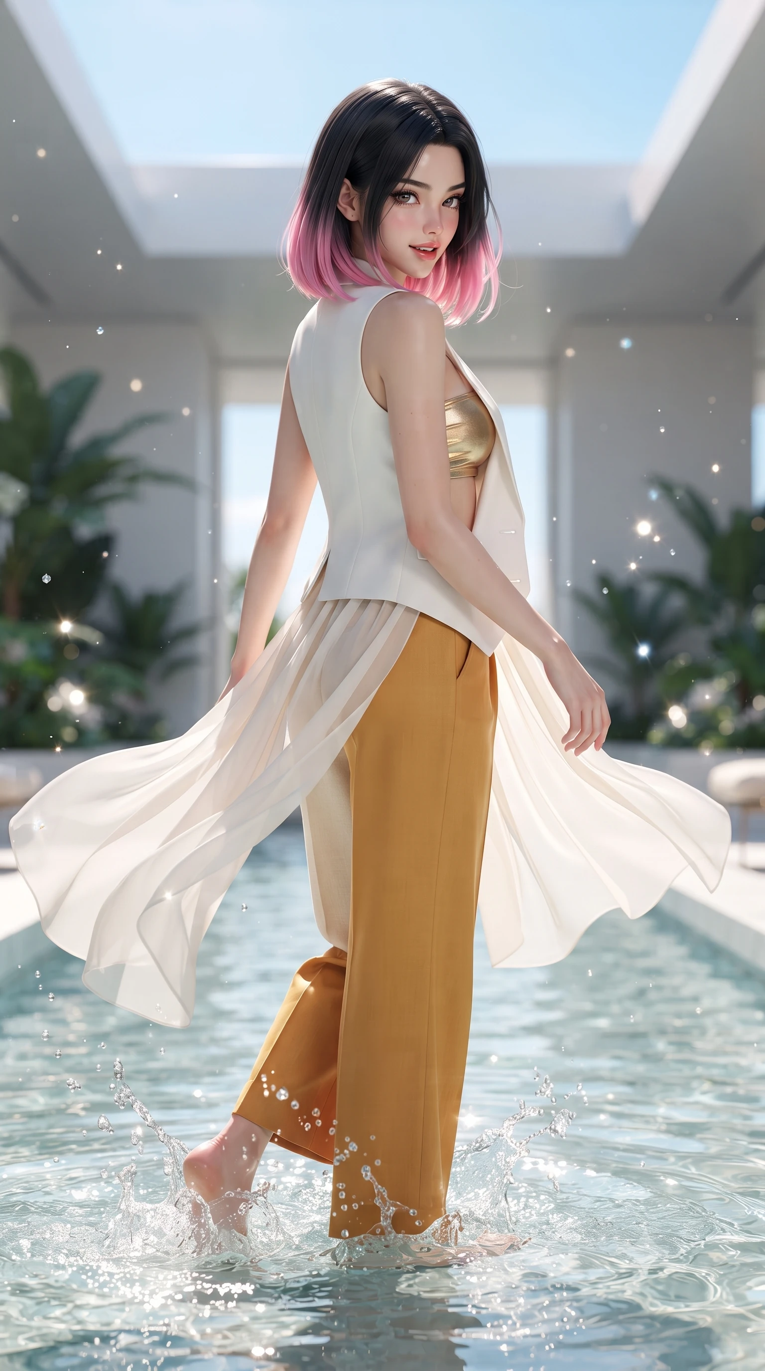 score_9, masterpiece, best quality, ultra-detailed, high-budget anime keyframe, editorial fashion photography, tasteful artistic composition, Korean woman. close-up cowboy shot from the waist and thighs up, the character dominates the composition, filling the frame with her large presence. turning over a bare shoulder with an intoxicating, teasing smile, her soft hair framing her sharp jawline as she looks back while wading lightly into the shallow lotus pool, water splashing around her slender ankles in glittering droplets. The surrounding environment is rendered in vivid detail and crisp panoramic clarity. sparkling high-key natural chiaroscuro and luxury high-altitude botanical architecture in precision. She has an exceptionally elegant, slender, and willowy female figure with an ultra-slim waist, a gracefully sculpted slender torso, toned flat midriff, and a refined slim silhouette. sharp v-shaped jawline, high-bridge nose, intricate jewel-like eyes with depth, thick eyelashes, glossy parted lips with a natural sheen, intensely captivating and seductive expression, flawlessly proportioned anatomical accuracy, strict slender model proportions, natural body alignment, perfectly sculpted long slender limbs, ultra-slim waistline, clean dynamic posture without body distortion. wearing a tailored white solar-fiber tuxedo vest worn open over a metallic gold bandeau top and wide slacks in warm amber honey and natural linen cream, tailored from crisp structured cotton poplin with organic dye, finished with flowing sheer chiffon train panels floating in the breeze, the form-contouring material adhering flawlessly to her sculpted flat midriff and slender torso, emphasizing her long leg lines and perfectly proportioned willowy build. bathed in midday azure skylight and shimmering pool water caustic bounce lights. ultra-reflective glossy finish, specular highlights, rich textural contrasts, high-contrast stereoscopic depth, volumetric dynamic lighting, 2k, ultra detail, master piece, 9:16 ratio