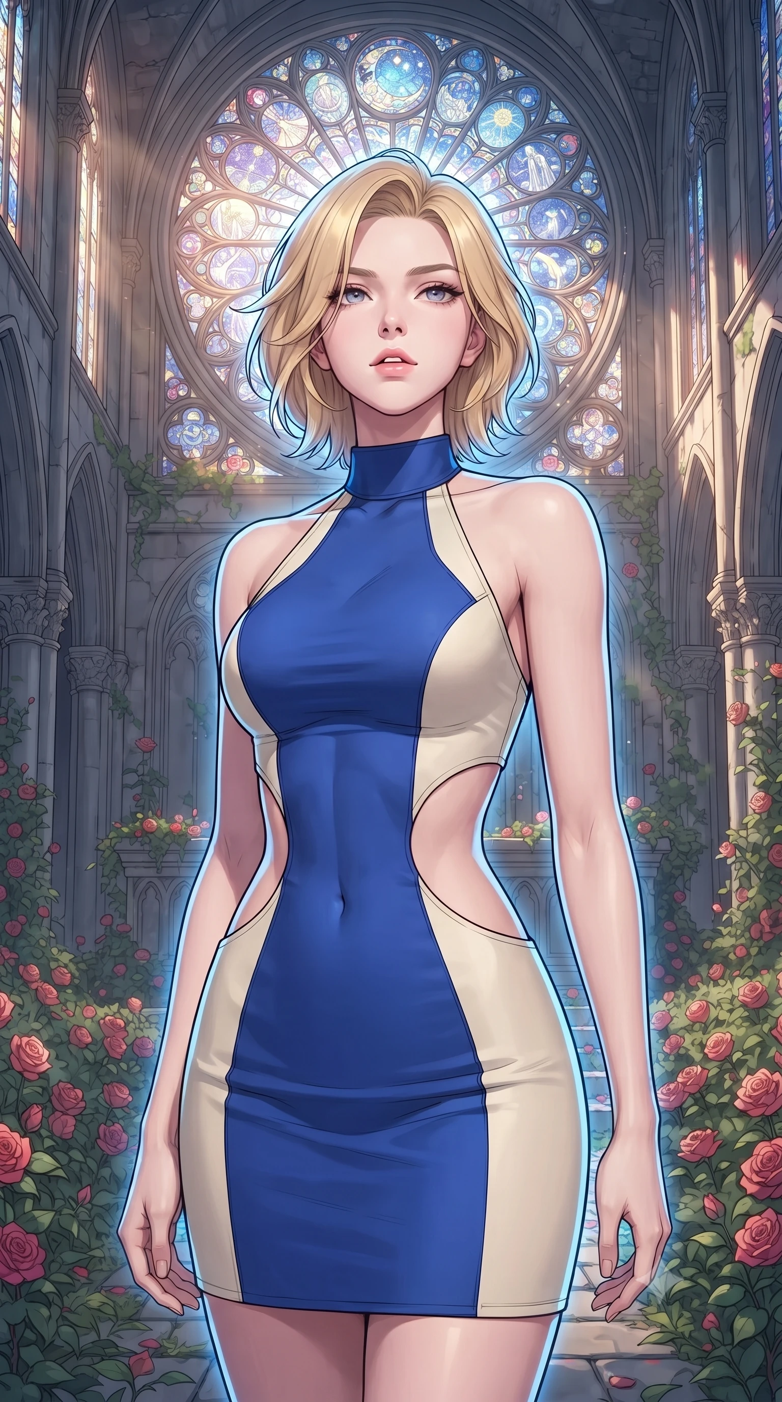 score_9, masterpiece, best quality, ultra-detailed, high-budget anime keyframe, gorgeous anime illustration, with clean line-art and distinct ink outlines, Caucasian woman, strictly human ears. close-up cowboy shot from the waist and thighs up, the character dominates the composition, filling the frame with her large presence, background elements kept in soft focus. Tilting her chin up slightly with lips parted in a composed expression. set against a soft-focus background of in a ruined Gothic cathedral where a rose garden has grown over the stone altar, afternoon light streaming through a massive circular stained-glass window depicting celestial scenes. She has an exceptionally elegant and slender, willowy female figure with an ultra-slim waist, a gracefully sculpted slender torso, and a refined slim physique. sharp v-shaped jawline, high-bridge nose, intricate jewel-like eyes with depth, thick eyelashes, glossy lips with a natural sheen. wearing a structured halter-neck bodycon dress in two-tone cobalt blue and cream, with curved waist cutouts. brilliant cinematic volumetric lighting with intense neon rim light outlining her form. 2k, ultra detail, master piece, 9:16 ratio, vibrant anime color palette, detailed cel-shading with soft gradients, rich contrast, dynamic lighting, 2d animation style