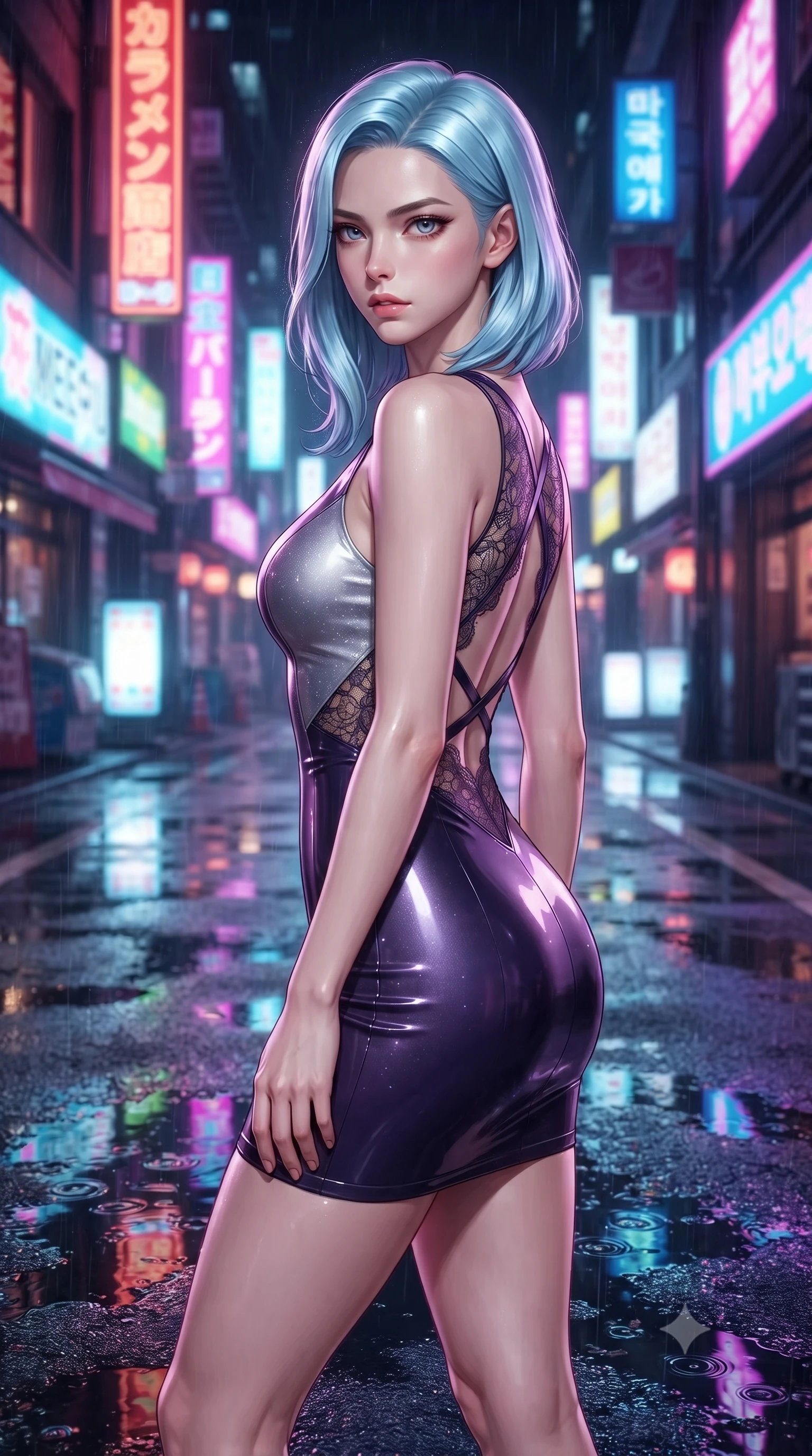 score_9, masterpiece, best quality, ultra-detailed, high-budget anime keyframe, editorial fashion photography, tasteful artistic composition, Korean woman. close-up cowboy shot from the waist and thighs up, the character dominates the composition, filling the frame with her large presence. gazing directly into the lens with bedroom eyes and a breathtaking, dangerous allure that commands the entire composition while pivoting dynamically on reflective wet asphalt as vibrant neon billboard lights ripple across puddles. The composition keeps background elements in soft focus with creamy bokeh. wet asphalt reflections and glowing holographic signs softened by shallow depth of field. She has an exceptionally elegant, slender, and willowy female figure with an ultra-slim waist, a gracefully sculpted slender torso, and a refined silhouette. sharp v-shaped jawline, high-bridge nose, intricate jewel-like eyes with depth, thick eyelashes, glossy lips with a natural sheen, flawlessly proportioned anatomical accuracy, natural body alignment, perfectly sculpted elegant limbs, clean dynamic posture without body distortion. wearing a second-skin fashion-latex mini dress with a clean architectural front, featuring an open-back design that wraps around the sides of her waist, showcasing her slender silhouette in dark amethyst purple and shimmering starlight silver, crafted from delicate dark lace interwoven with luminescent micro-fibers, complemented by criss-cross back straps highlighting her completely bare spine, the glove-like fit tightly following every curve of her statuesque athletic build. illuminated by glistening rain highlights and high-contrast editorial flash lighting. ultra-reflective glossy finish, specular highlights, metallic sheen, high-contrast stereoscopic depth, volumetric dynamic lighting, 2k, ultra detail, master piece, 9:16 ratio