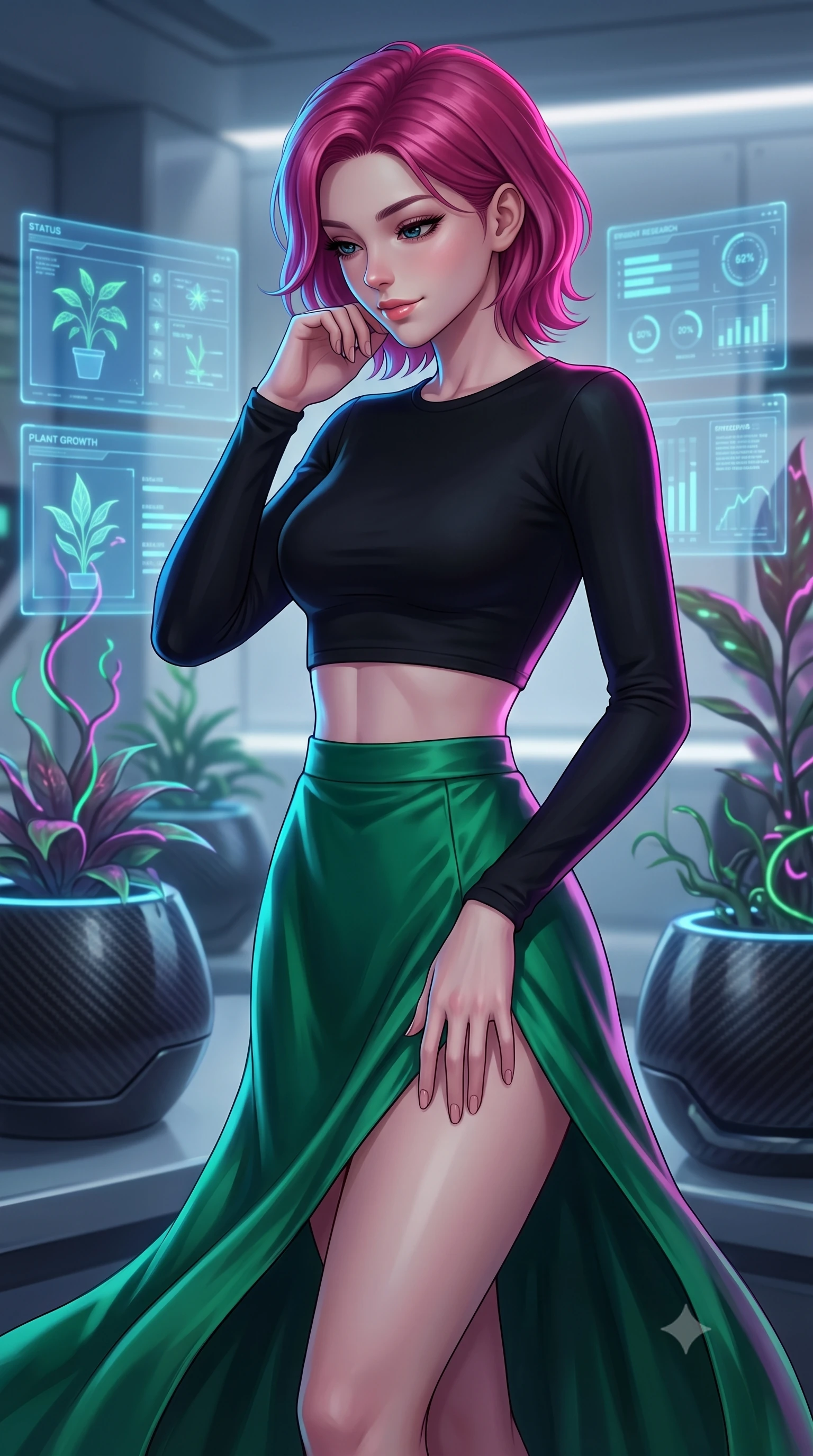 score_9, masterpiece, best quality, ultra-detailed, high-budget anime keyframe, editorial fashion photography, tasteful artistic composition, Caucasian woman, strictly human ears. close-up cowboy shot from the waist and thighs up, the character dominates the composition, filling the frame with her large presence, background elements kept in soft focus. Looking down with a gentle, thoughtful smile full of quiet warmth. set against a soft-focus background of inside a high-tech botanical research laboratory with carbon-fiber pots, neon-vined plants, and blue status displays mapping their growth. She has an exceptionally elegant, slender, and willowy female figure with a highly-defined ultra-slim waist, a gracefully sculpted slender torso, and a refined slim-fit silhouette that contours her form. sharp v-shaped jawline, high-bridge nose, intricate jewel-like eyes with depth, thick eyelashes, glossy lips with a natural sheen. wearing a black long-sleeve crop top paired with a high-slit silk skirt in emerald green. brilliant cinematic volumetric lighting with intense neon rim light outlining her form. 2k, ultra detail, master piece, 9:16 ratio